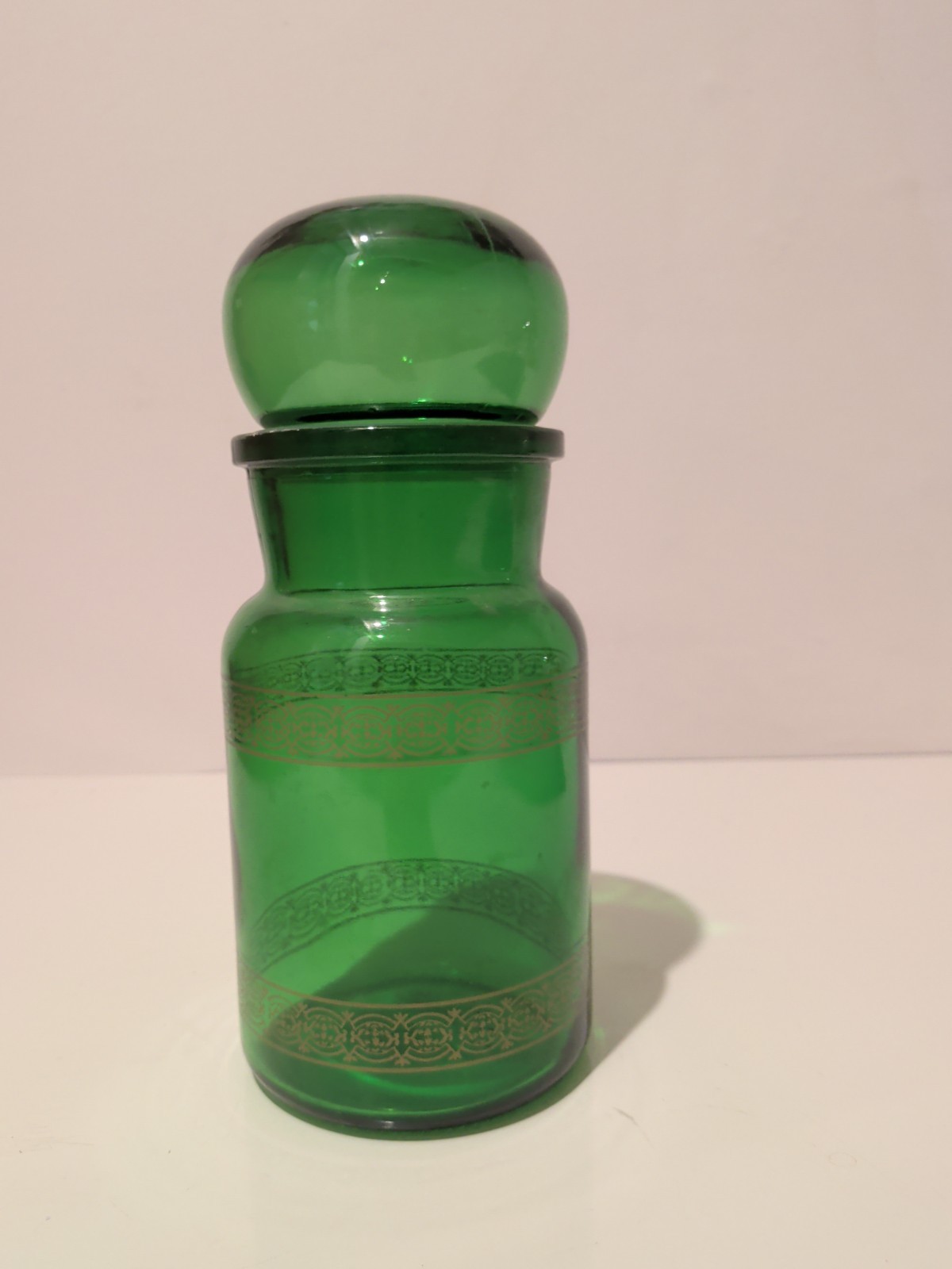 Apothecary Jar Green Glass Cap Ball Gold Decor Vintage Pharmacy