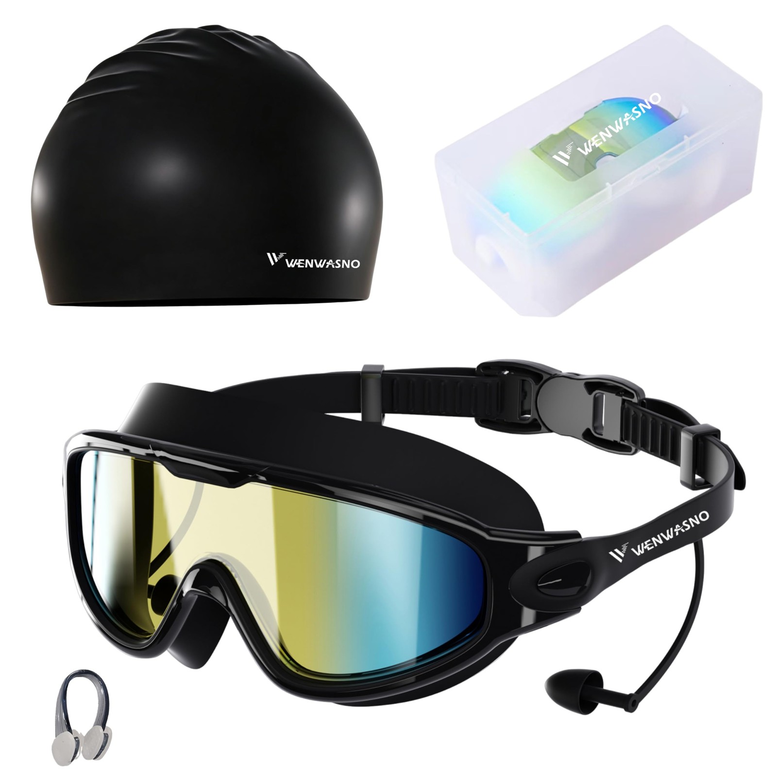 Wenwasno 6 in 1 Swim Goggles and Swim Cap for Men Women,Waterproof,Anti-Fog,U...