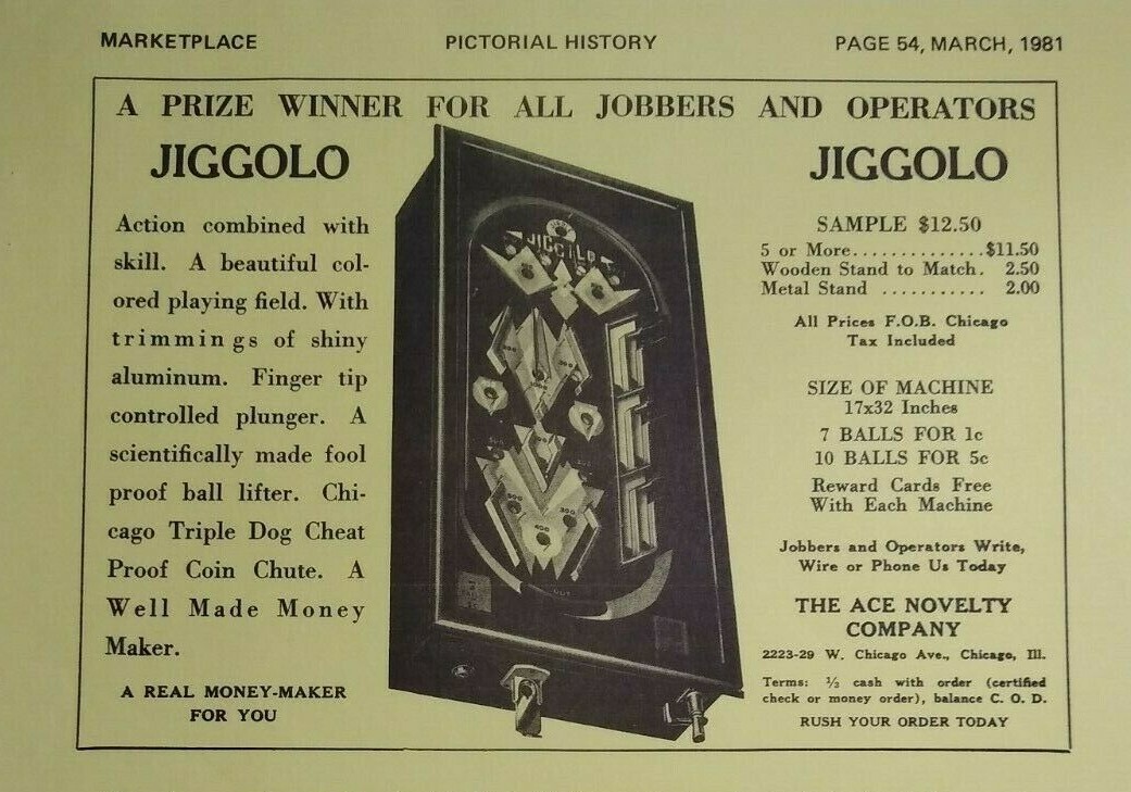 Jiggolo Pinball Machine Marketplace Magazine Game Art AD 1981 Ace Novelty Co.