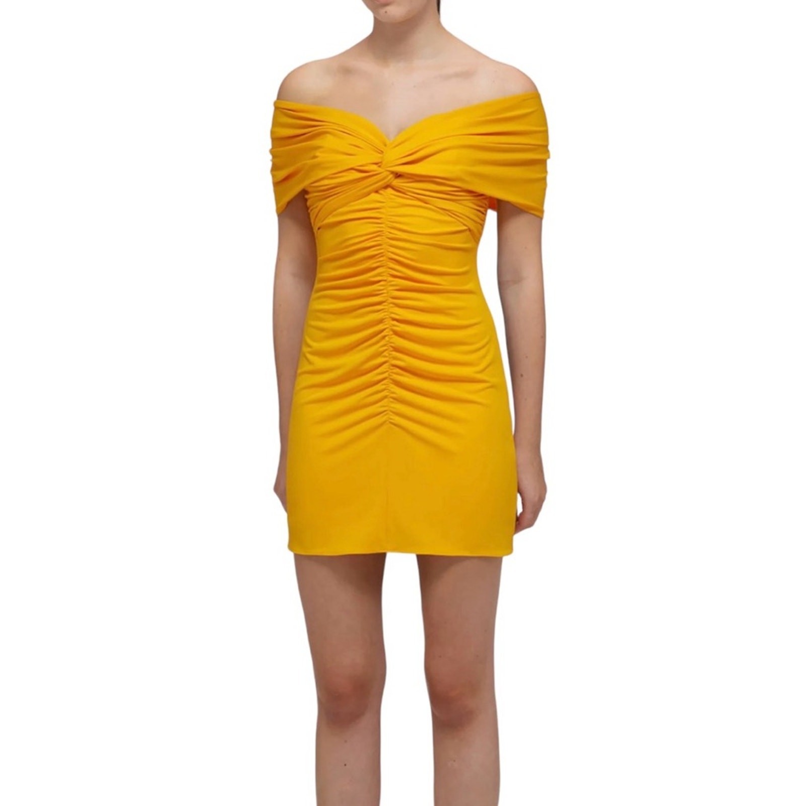 Self Portrait Mini Dress Size 8 Yellow Off‑Shoulder Ruched NWT Women’s Bodycone