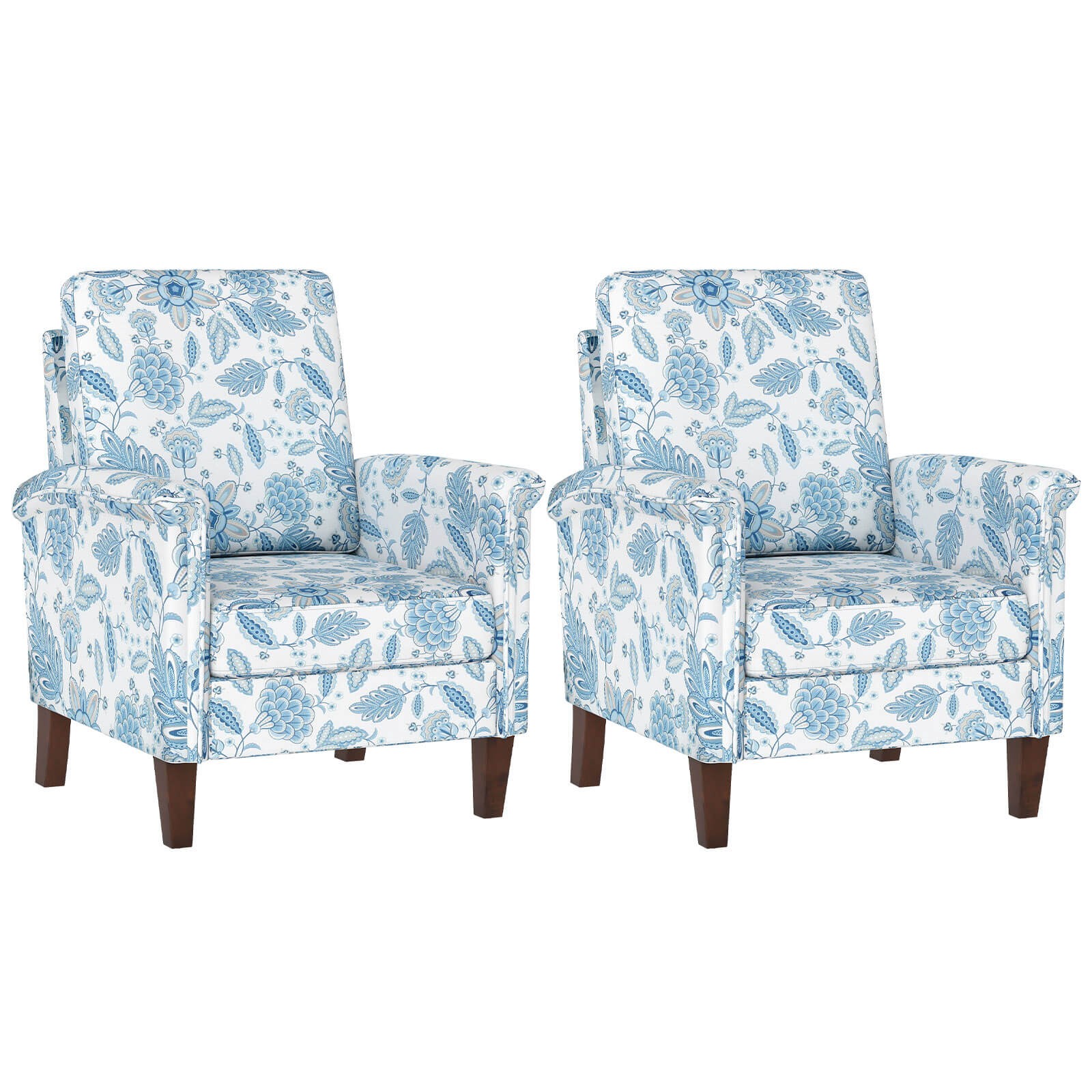 2PCS Floral Accent Chair w/Solid Wood Legs & High Back Thick Comfy Cushions