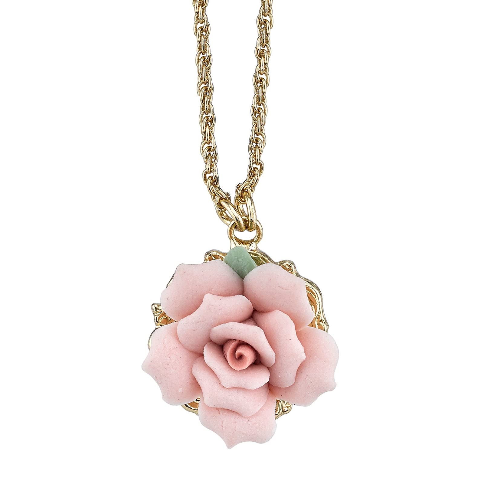 1928 Jewelry Genuine Pink Porcelain Rose Pendant Necklace 16 1928 Jewelry Genuine Pink Porcelain Rose Pendant Necklace 16