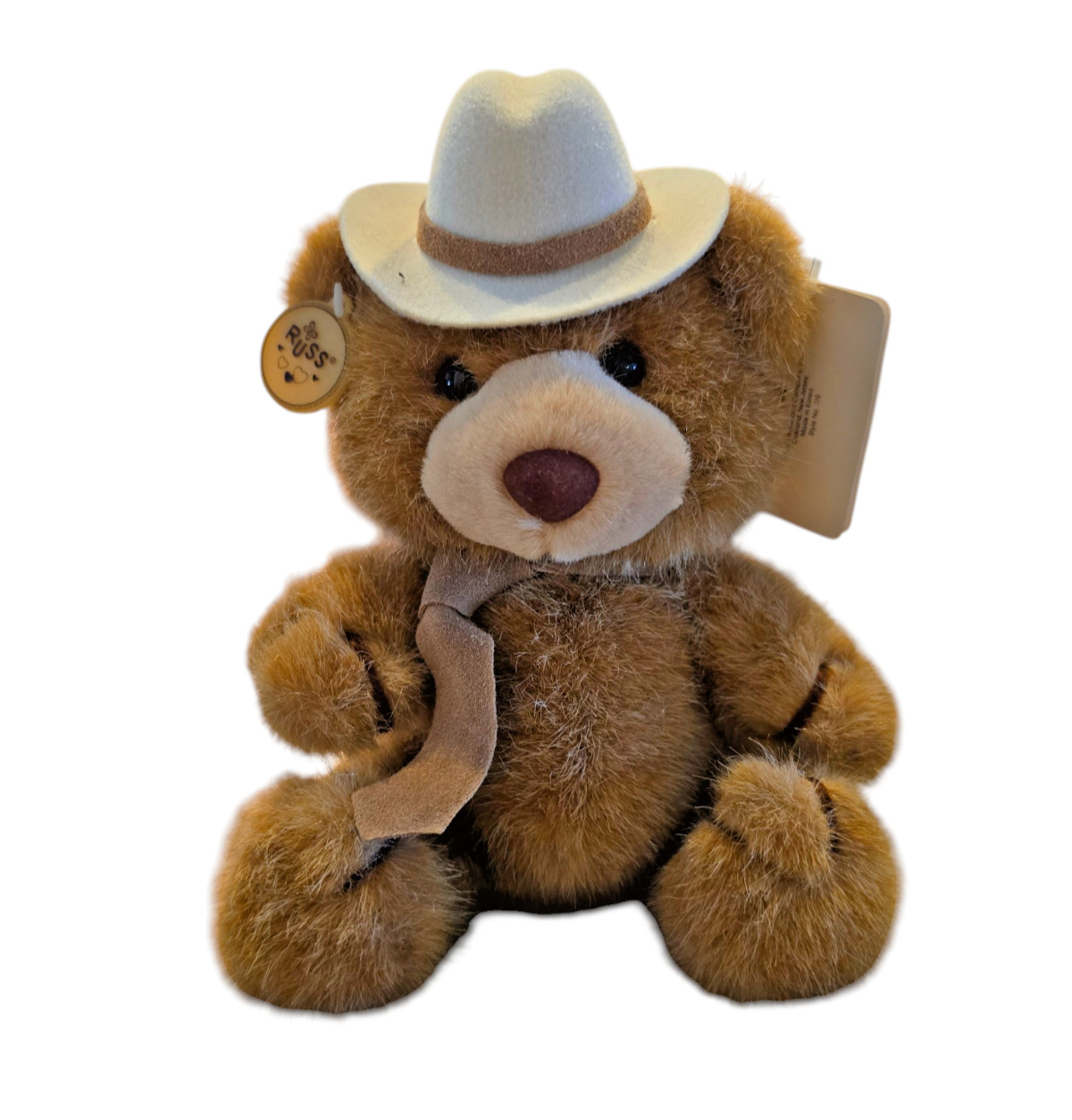Vintage Russ Berrie Brown Cowboy Teddy Bear Plush Stuffed Animal Hat & Suede Tie