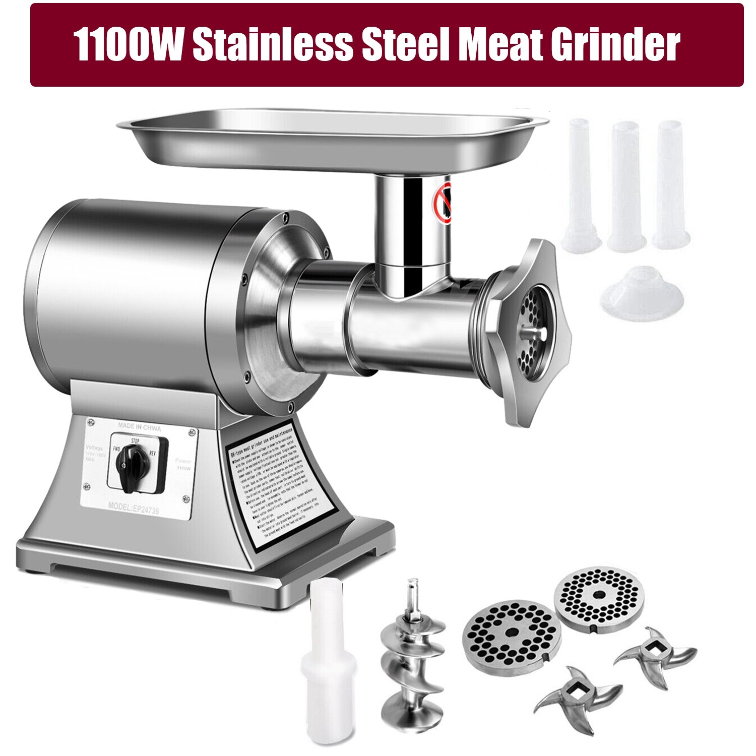 550LB/h 1100W Commercial Meat Grinder,Electric Sausage Stuffer,193RPM Heavy Duty