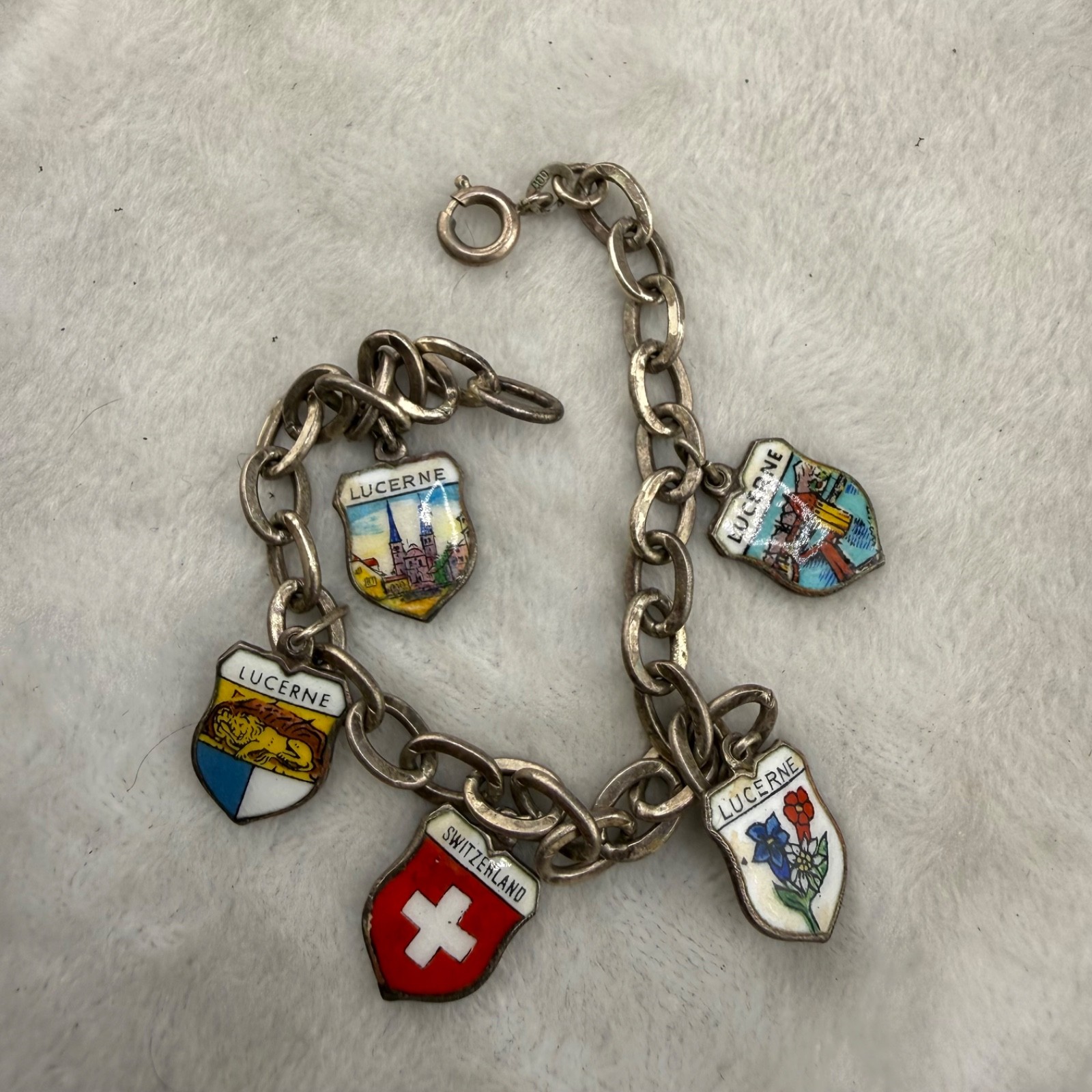 Vintage REU 800 Silver Charm Bracelet Enamel Lucerne Switzerland Travel 6.5”