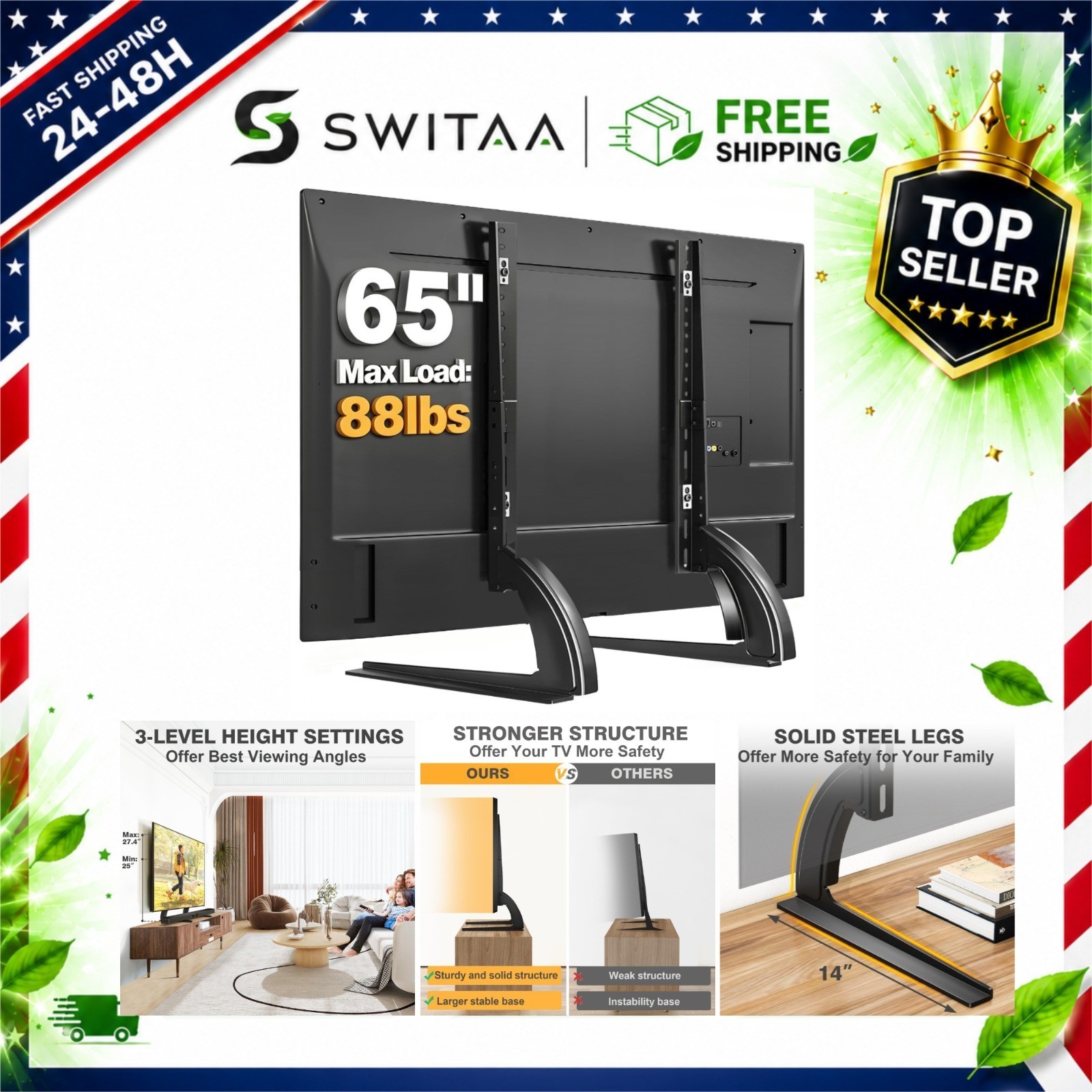 TAVR Universal Table Top TV Stand for 27-65 inch TVs, Height Adjustable Legs,