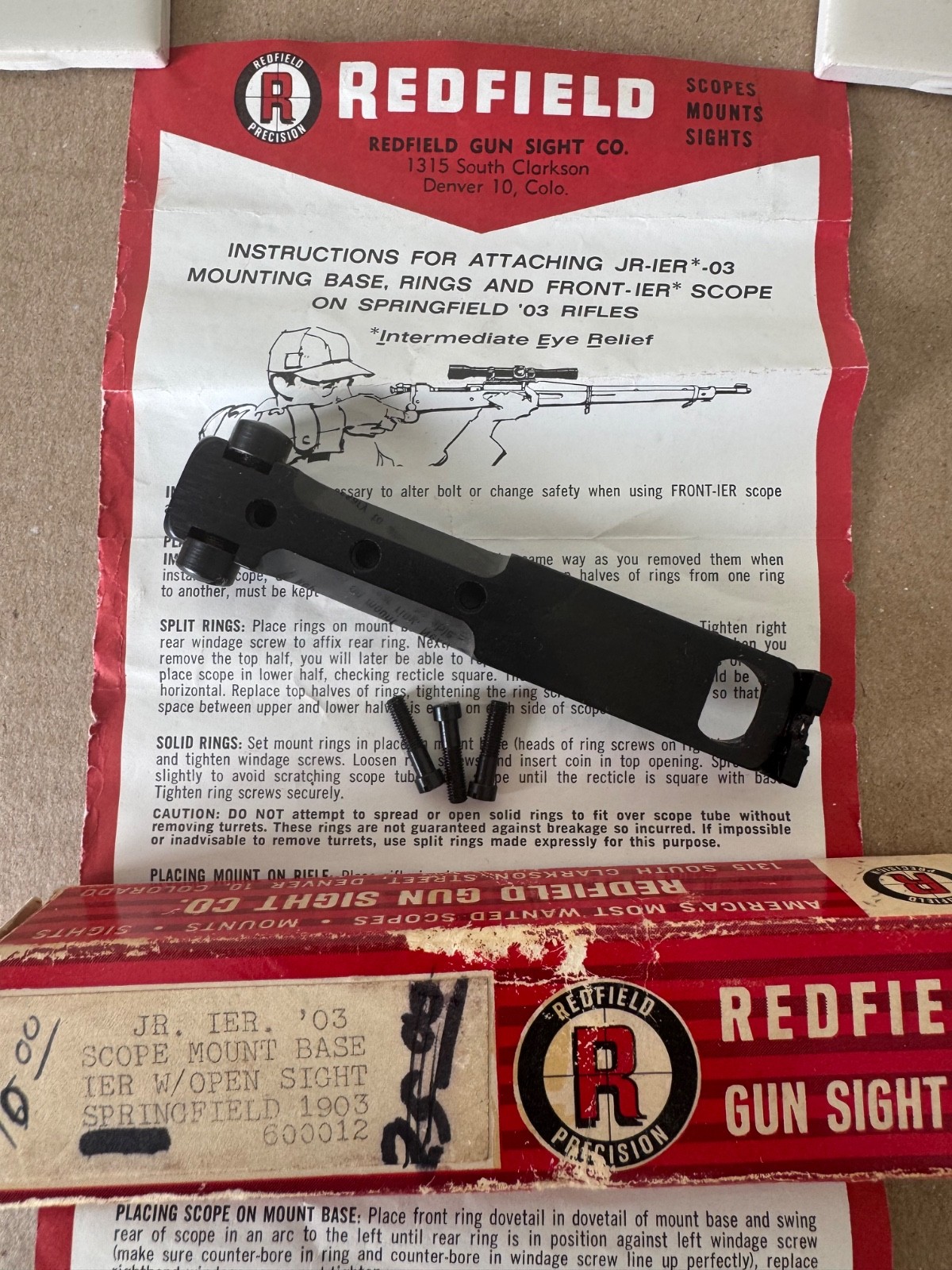 1963 REDFIELD JR-IER 03 Scope Mount Base 600012 SPRINGFIELD 1903 Box Screws NOS 1963 REDFIELD JR-IER 03 Scope Mount Base 600012 SPRINGFIELD 1903 Box Screws NOS