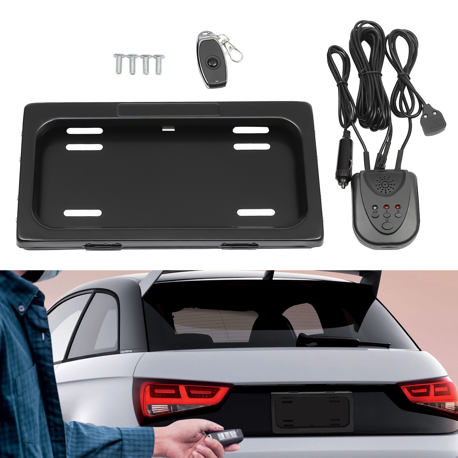 Electric License Plate Frame, US Universal Pull-Down Holder W/ Remote(Black)