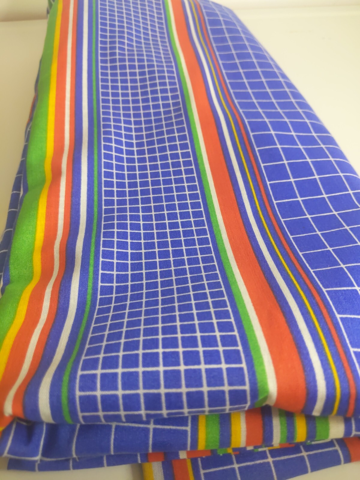 Vtg Unique Bright Red/Blue/Green/Yellow Striped Graph Square Fabric 45\