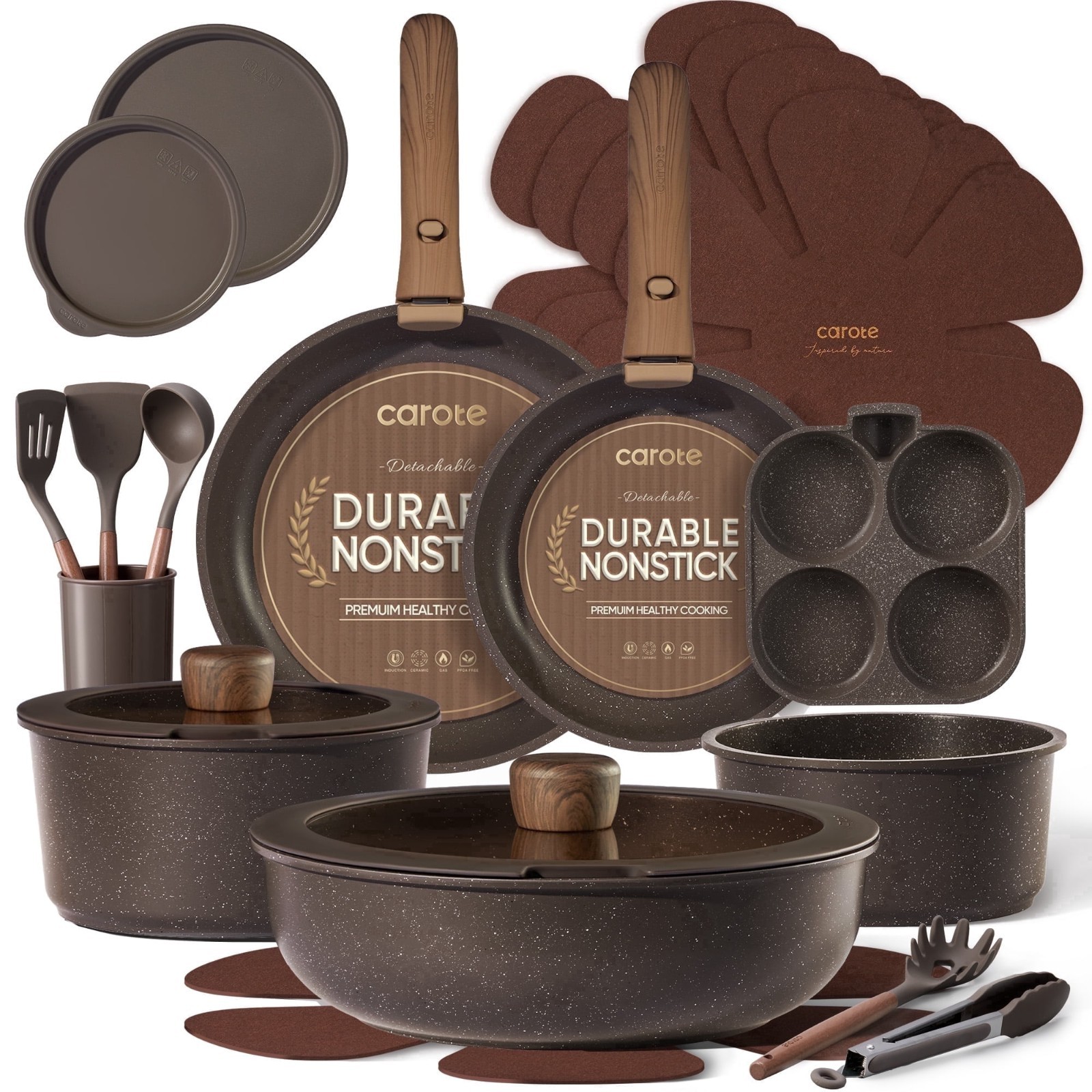FLASHSALES - CAROTE 23-Piece Nonstick Granite Cookware Set Handle Brown