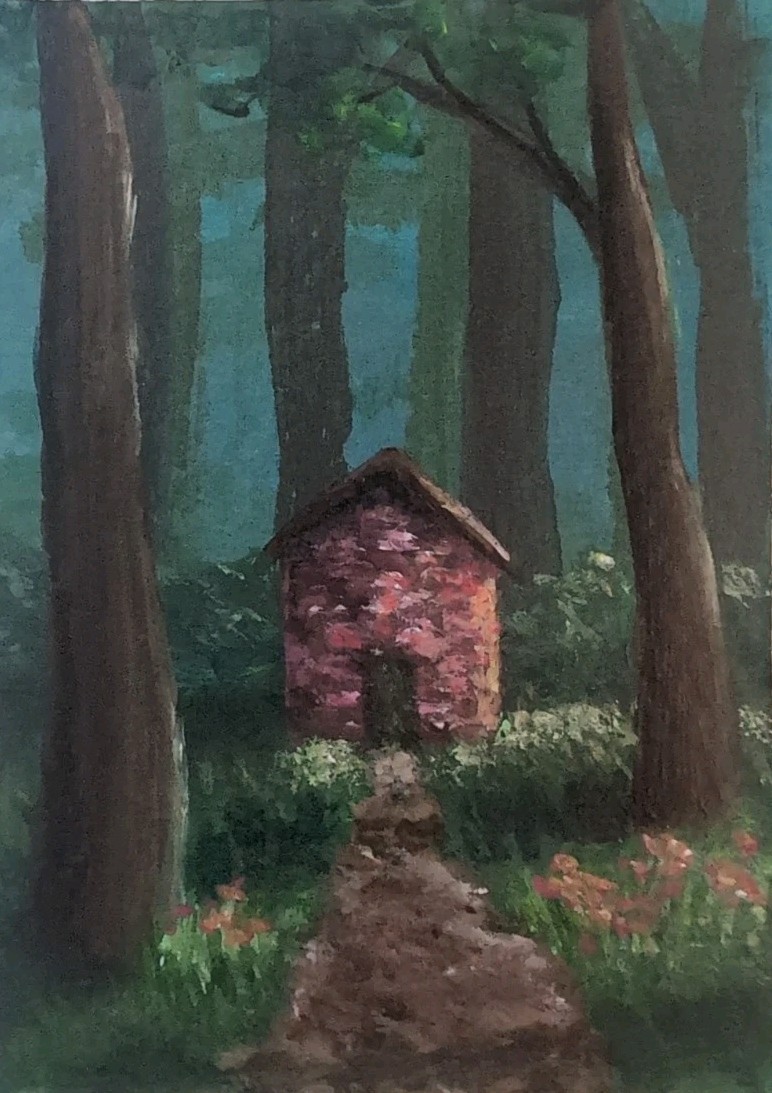 ACEO, OOAK, Acrylic, Forest, Floral, Landscape, Cottage, Fantasy Katie Mart