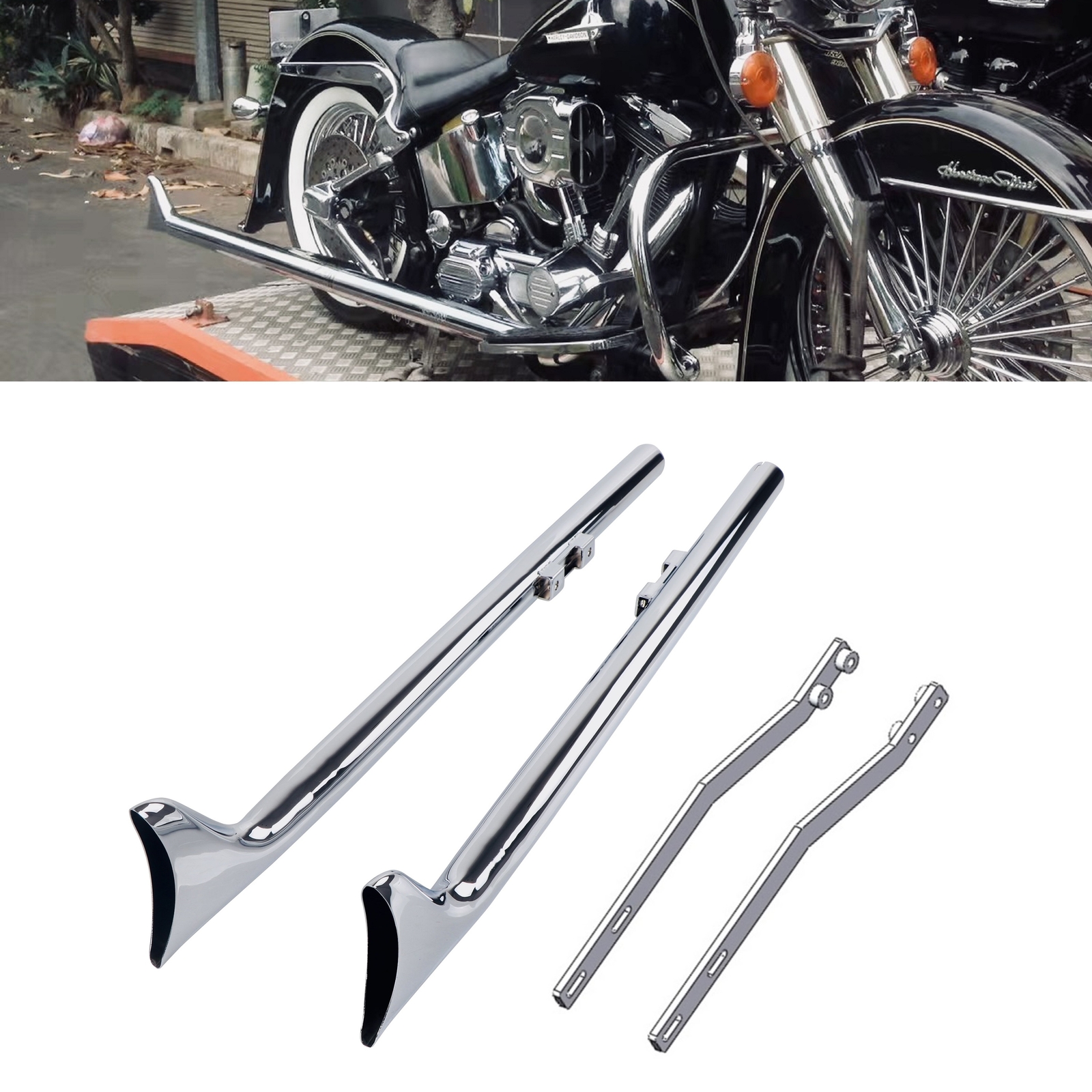 39\'\' Fishtail Pipes for Harley Softail with 1.75\'\' True Dual Exhaust Front Pipes