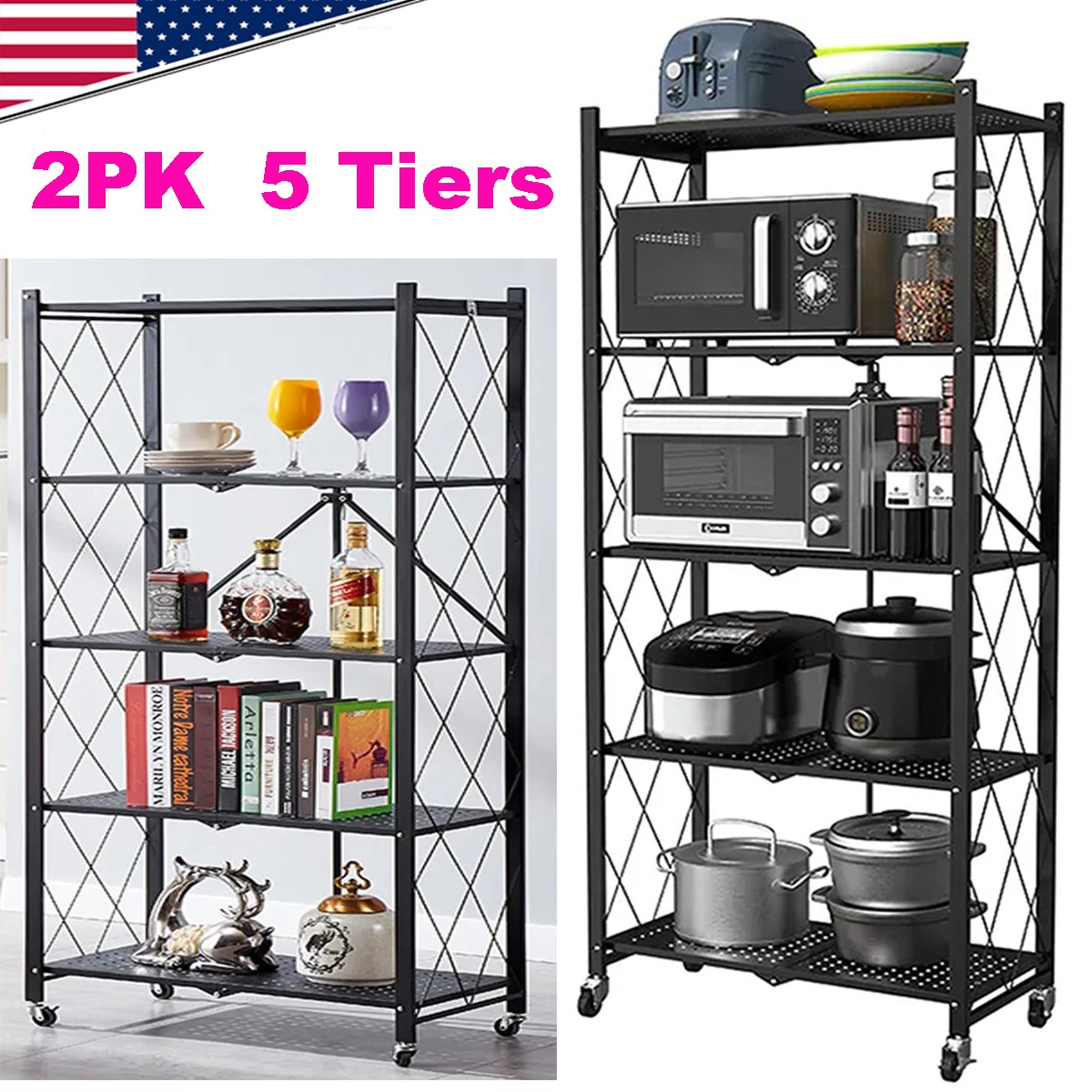 2x 5 Tier Heavy-Duty Storage Rack Collapsible Metal Shelving Kitchen Garage New