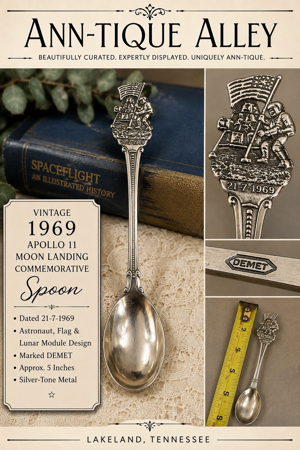 VTG 1969 Apollo 11 Moon Landing Commemorative Spoon DEMET 5”