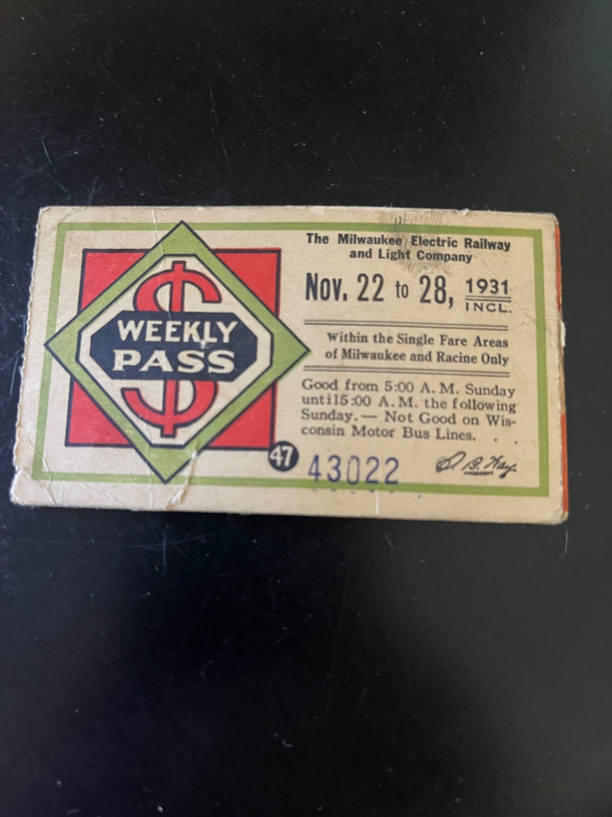 trolley street car pass ticket Milwaukee, electric and light railway 1931 Racine