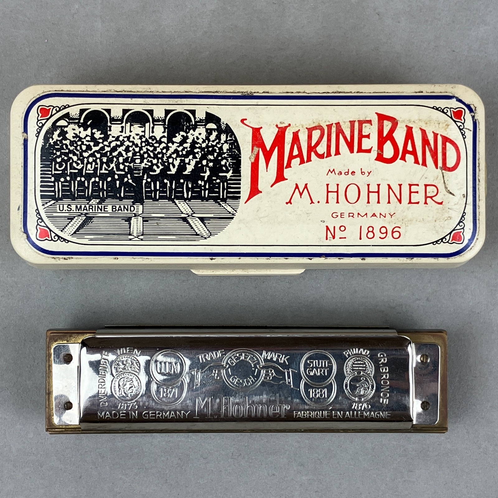 Vintage M. Hohner Marine Band Harmonica No. 1896 Key of A Germany w/ Case