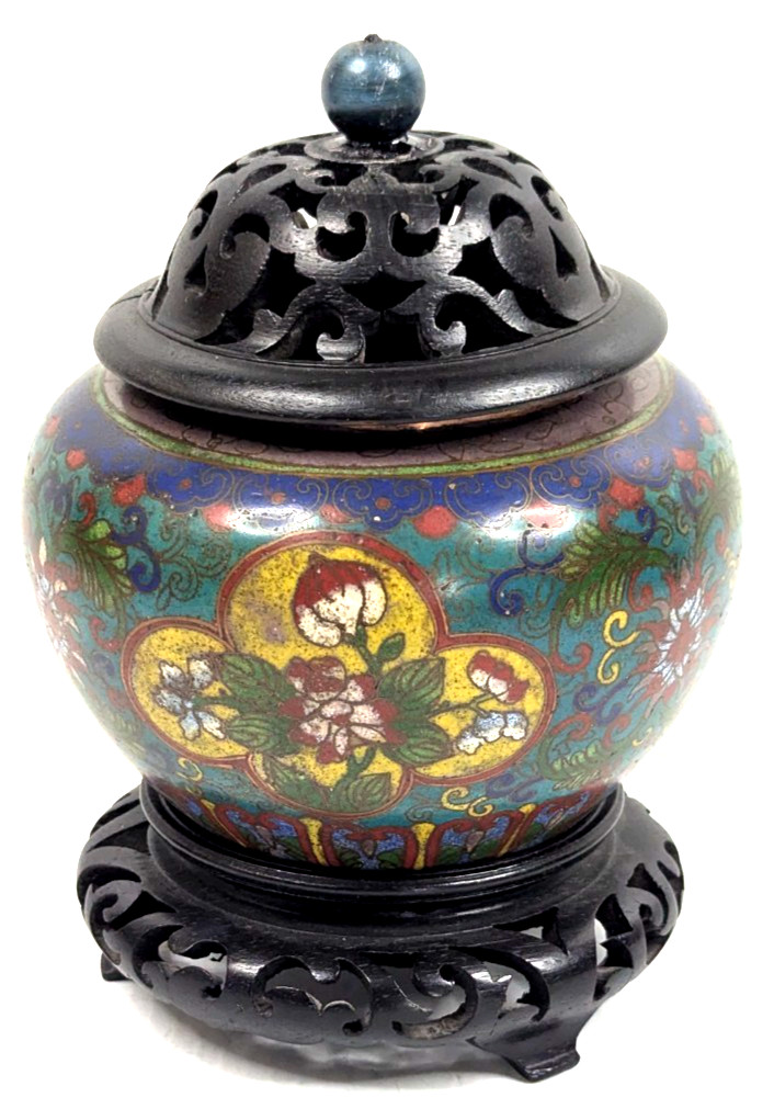 Vintage Chinese Cloisonné Enamel Jar Urn Vibrant Floral Design on Wood Base Vintage Chinese Cloisonné Enamel Jar Urn Vibrant Floral Design on Wood Base