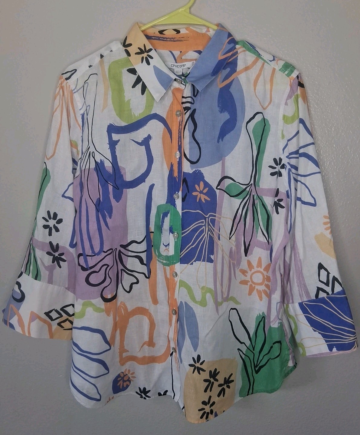 Chico\'s Surreal Linen Shirt Button-up Abstract Floral Leaf Sun Coastal US 14