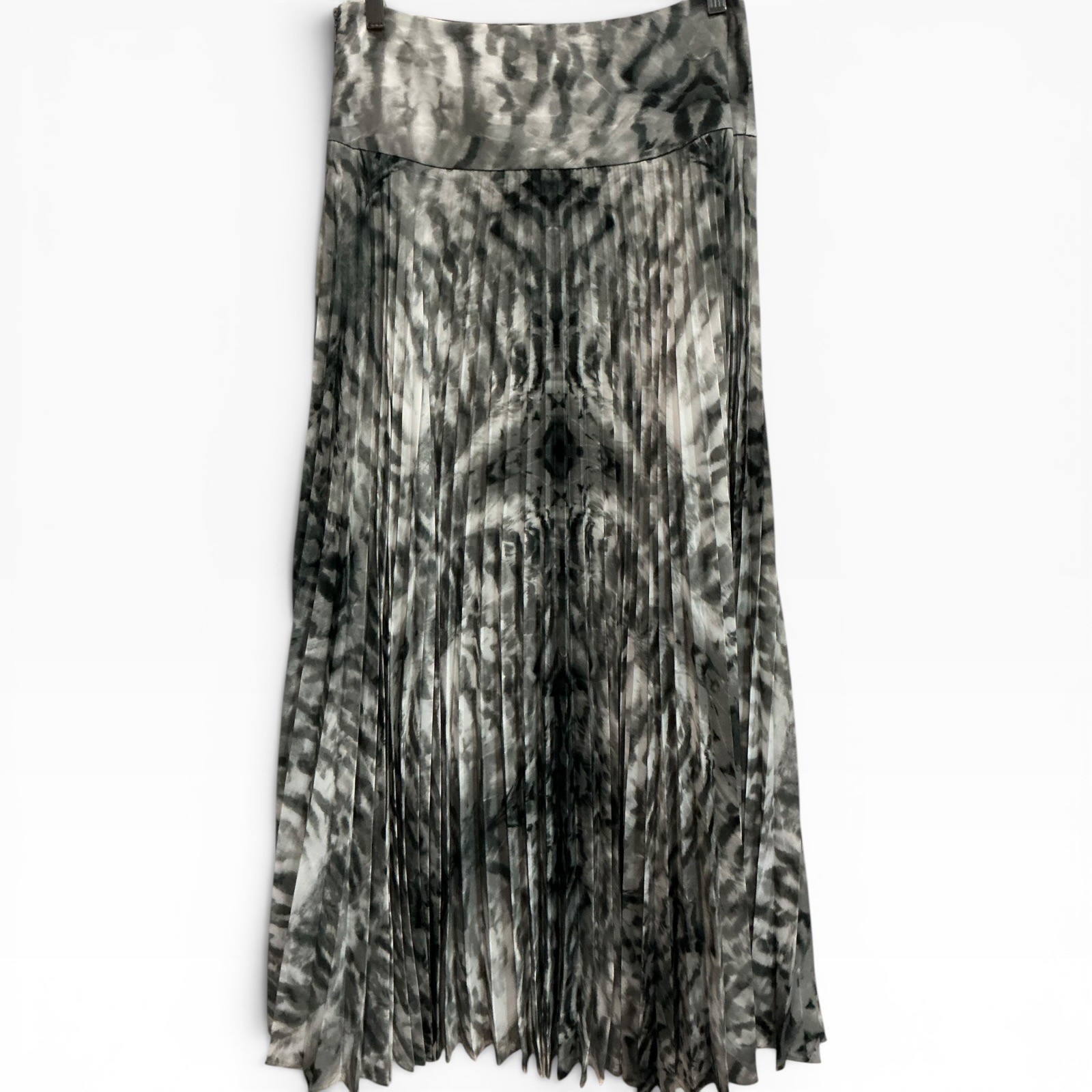 Reiss Jessica Pleated Maxi Skirt Grey Black Abstract Tie Dye Womens Size 6