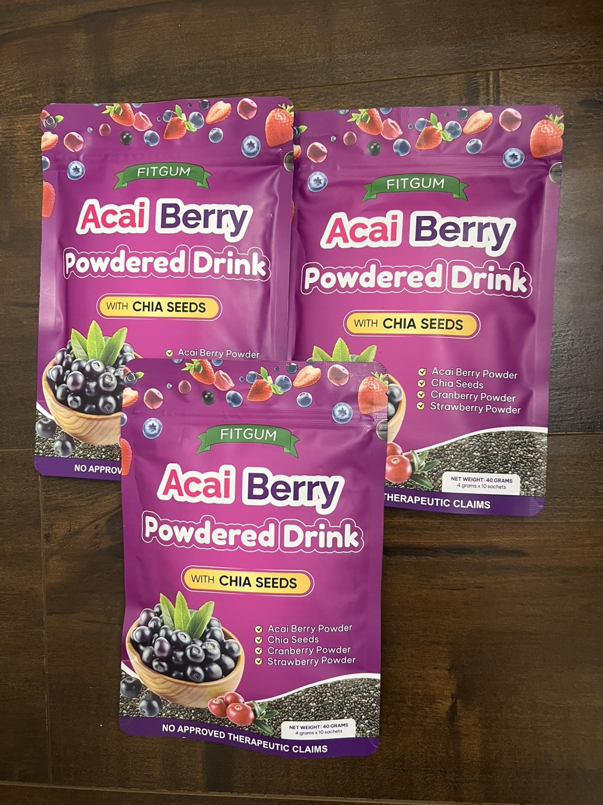 3 Packs FITGUM Acai Berry Drink Powder w/ Chia & Collagen – 30 Sachets