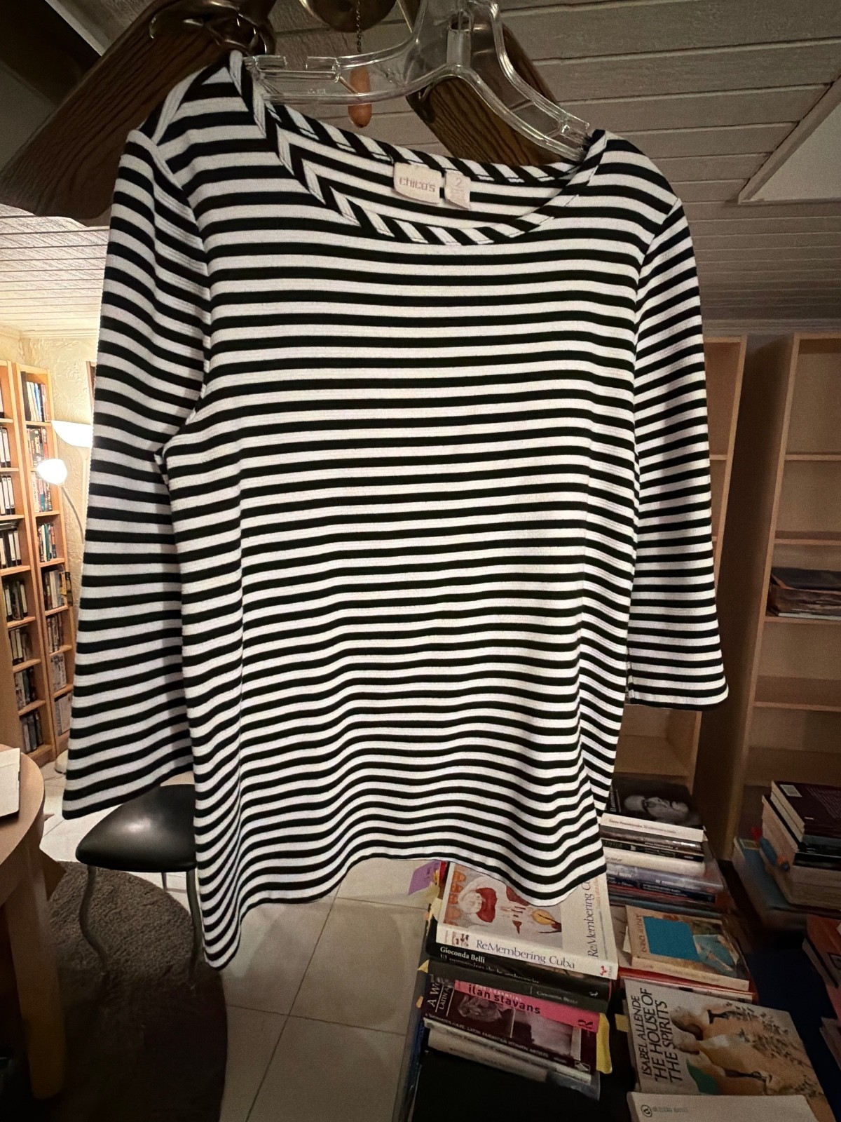 Chico\'s Women\'s Black and White Striped 3/4 Sleeve Top with Side Zipper, Size 2