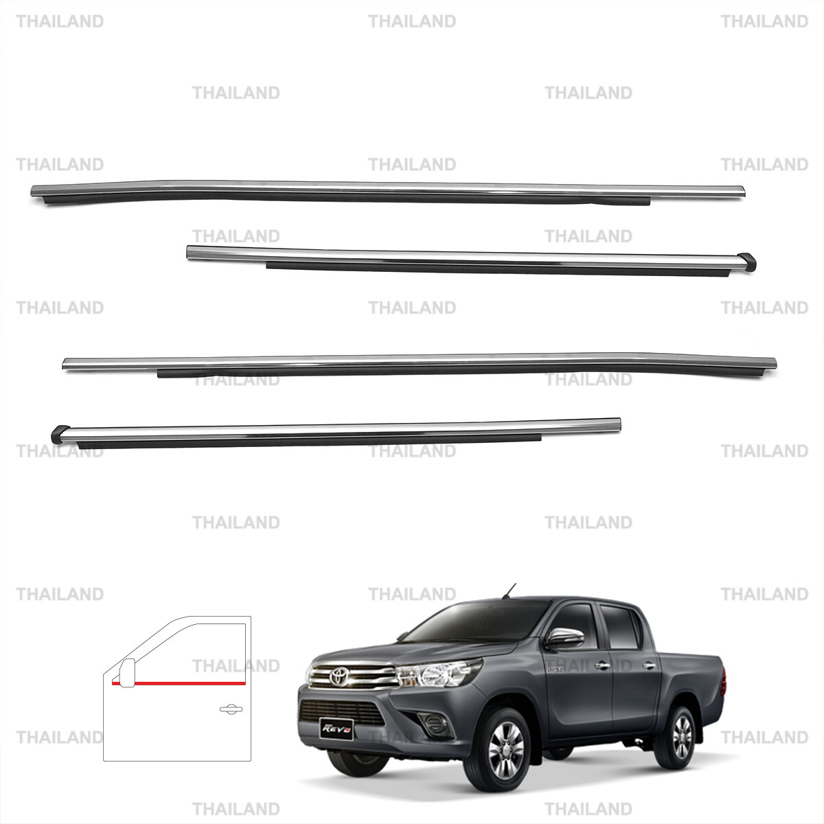 For Toyota Hilux 4 Dr 2015 - \'20 Chrome Set 4 Dr Outer Weatherstrip Door Belt
