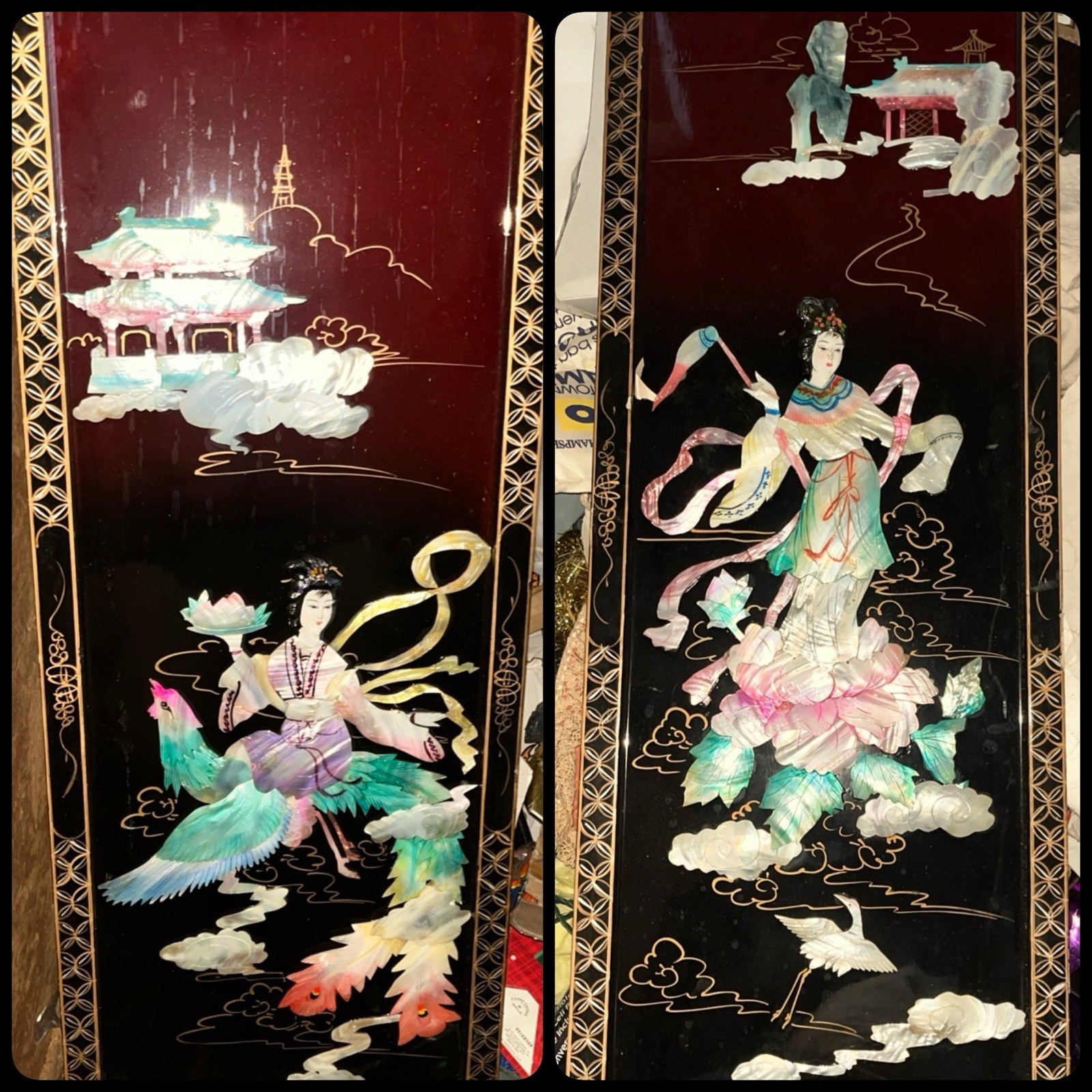 Chinese Mother of Pearl Inlay Wall Panel with Figure and Landscape Art 2 Panels Chinese Mother of Pearl Inlay Wall Panel with Figure and Landscape Art 2 Panels