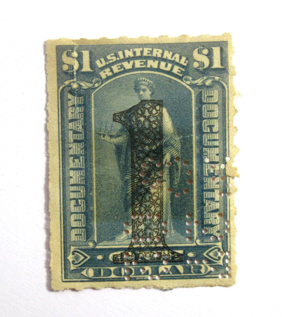 US Scott R190 1 Dollar Blue Gray Documentary Revenue Stamp 1902 Used Perfin