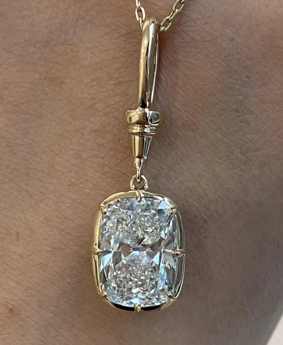 IGI Lab Grown Diamond 3.00Ct Cushion EF Bezel Necklace Pendant 14K Yellow Gold