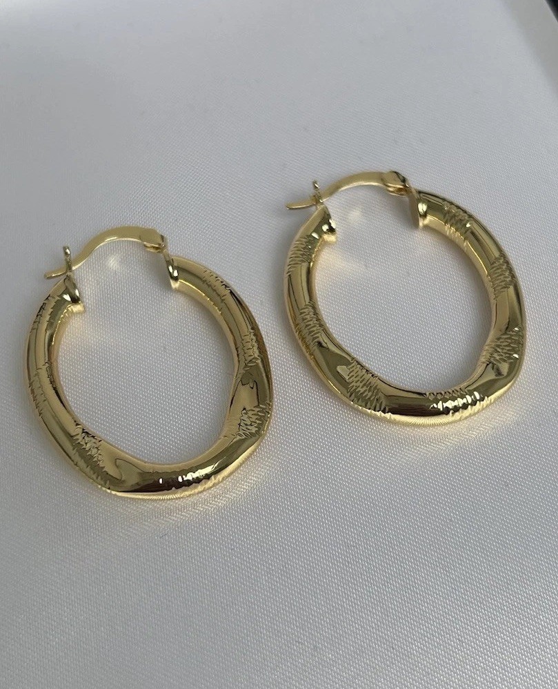 9ct Gold Ladies Irregular Oval Patterned Hoop Earrings Medium Size Gold Filled