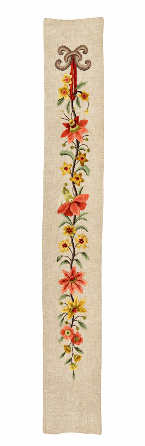 Vintage Floral Embroidered Linen Panel Crewel Style Needlework Finished Piece