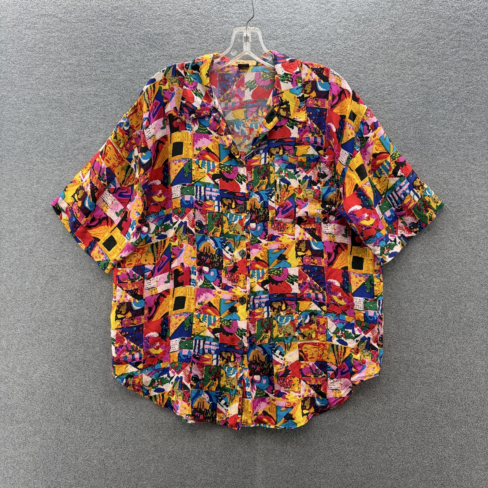 VTG 90s Silk House Shirt Women Medium Colorful Geo Print Silk Art Relaxed Blouse VTG 90s Silk House Shirt Women Medium Colorful Geo Print Silk Art Relaxed Blouse