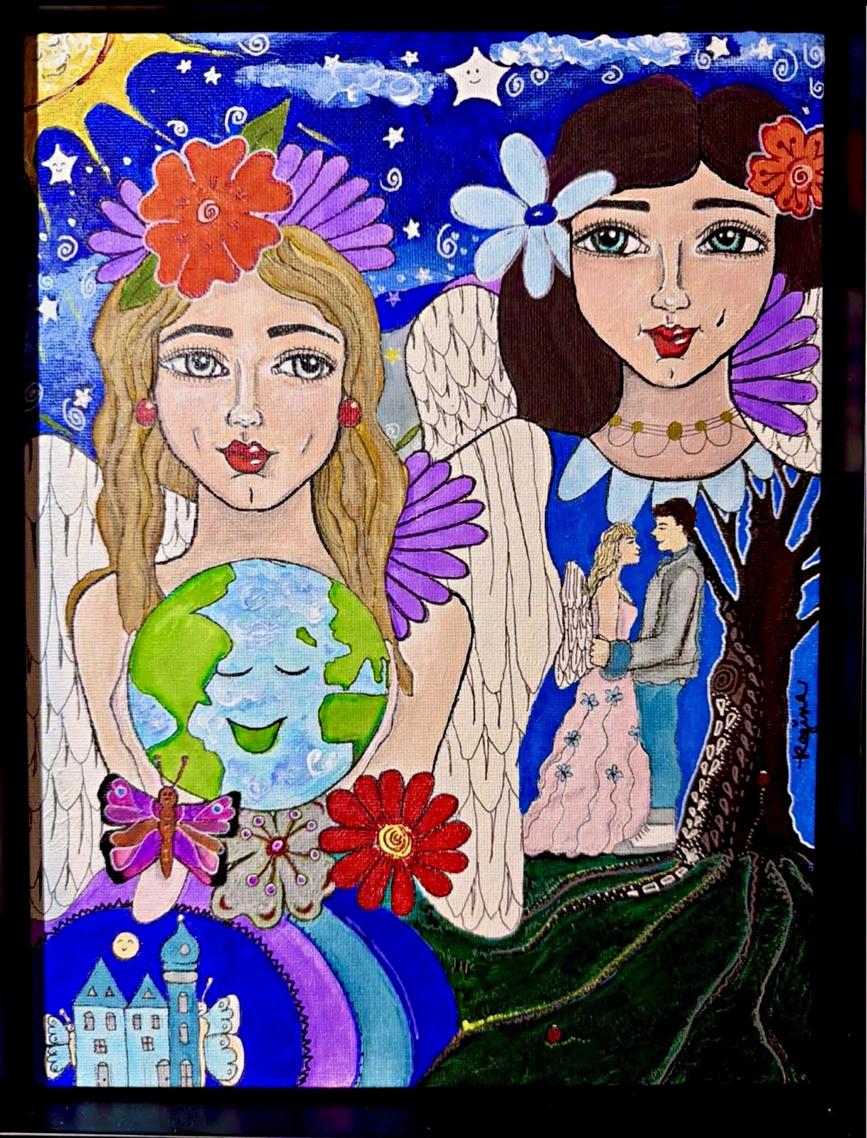 Signed Framed OOAK Original Folk Art Painting Angel Impressionist Couple Love 