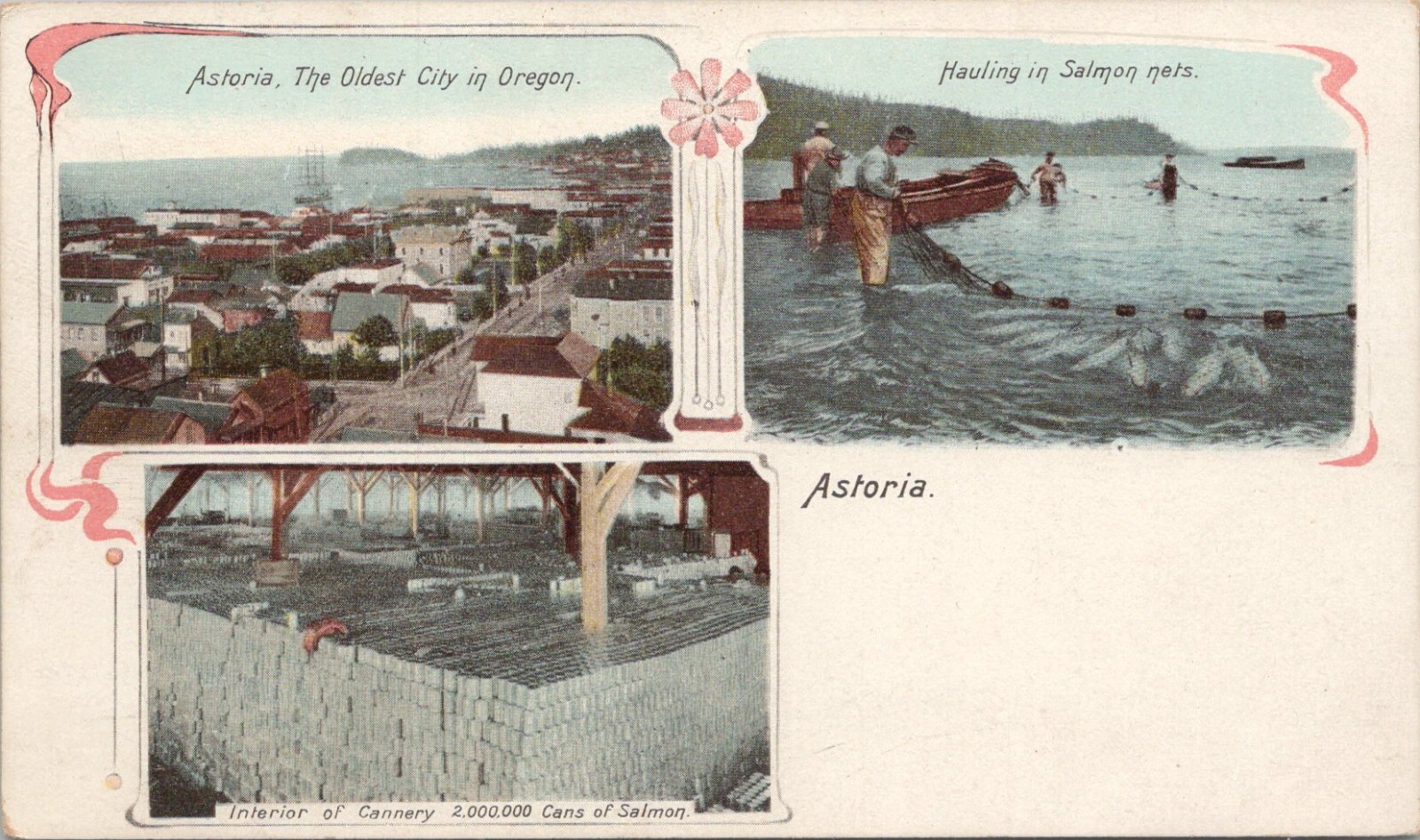 Lithograph Astoria Oregon Salmon Fishing & Cannery Three Views early 1900s Lithograph Astoria Oregon Salmon Fishing & Cannery Three Views early 1900s