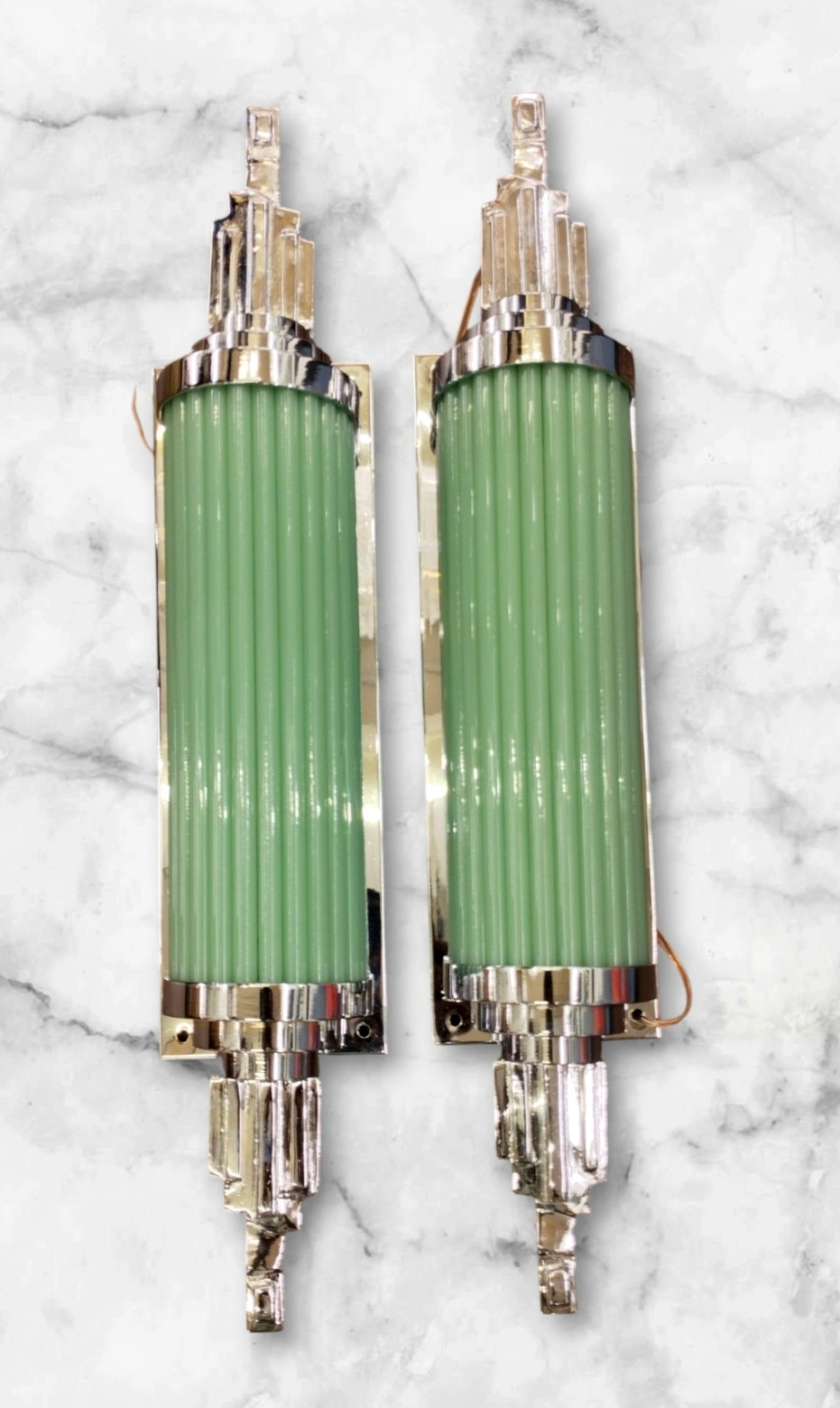1 PC VINTAGE ART DECO BRASS AND GLASS ROD GREEN WALL SCONCE LIGHT SKYSCRAPER #25 1 PC VINTAGE ART DECO BRASS AND GLASS ROD GREEN WALL SCONCE LIGHT SKYSCRAPER #25