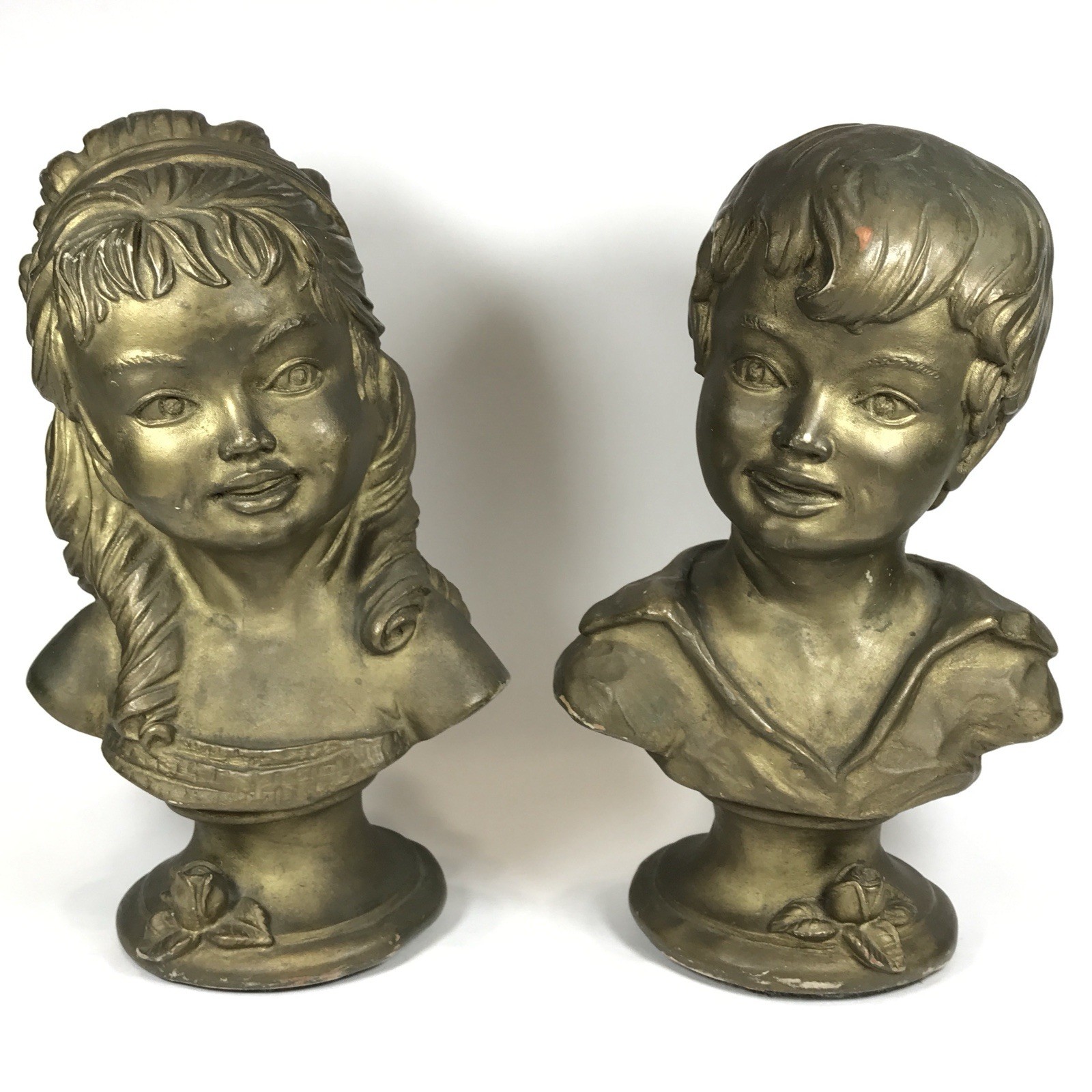 Girl Boy Children Bust Statue Set Vintage 1962 Mid Century 9.5” Halloween Prop