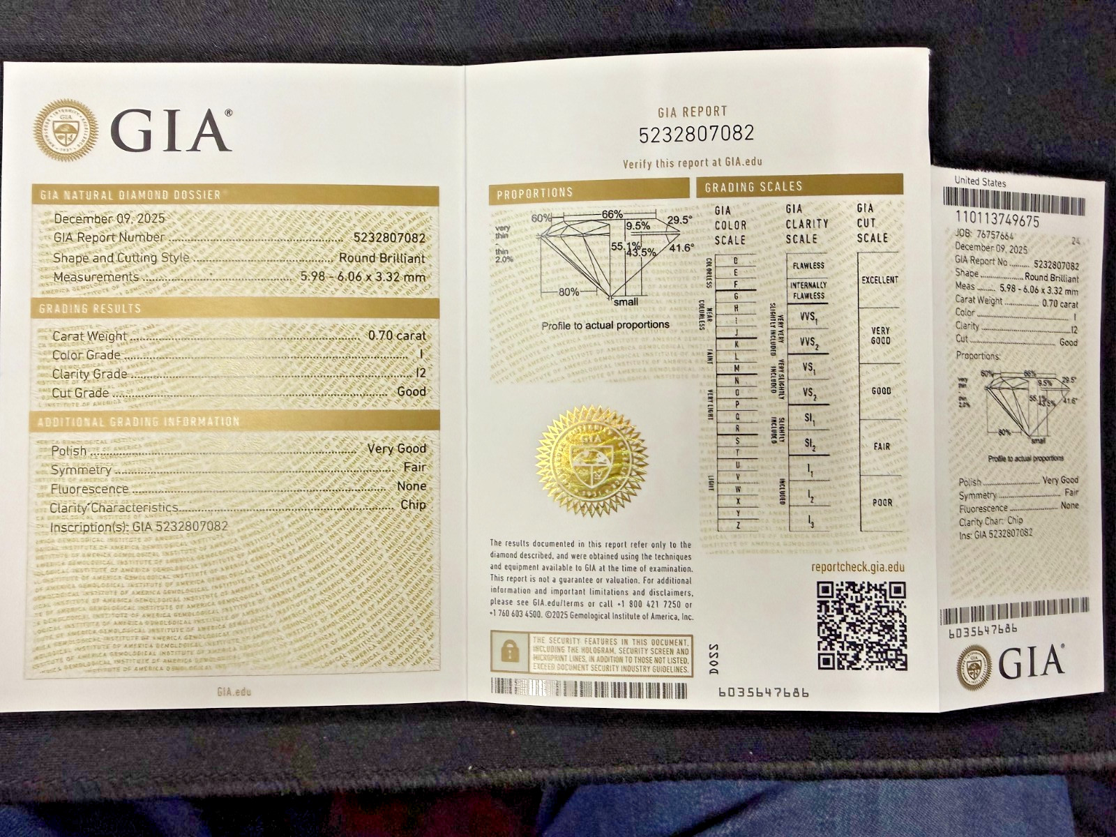 💎 GIA Certified 0.70 ct Natural Round Brilliant Diamond – I Color – I2 Clarity