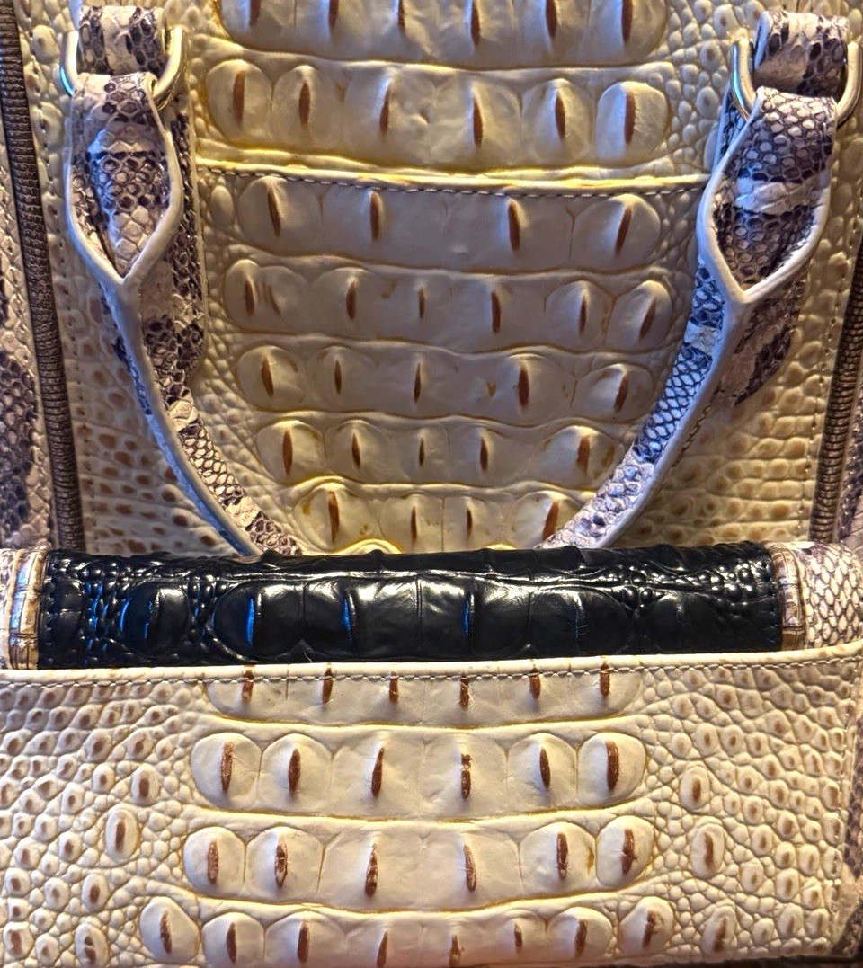 Brahmin Embossed Animal Print Satchel Top Handle Zip, Beige/Black Tassel