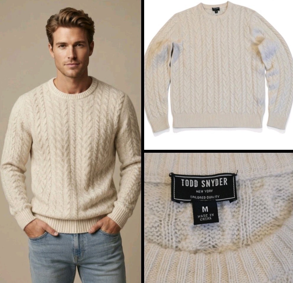 Todd Snyder Men’s Ivory 100% Lambswool Cable Knit Sweater Pullover Size M 