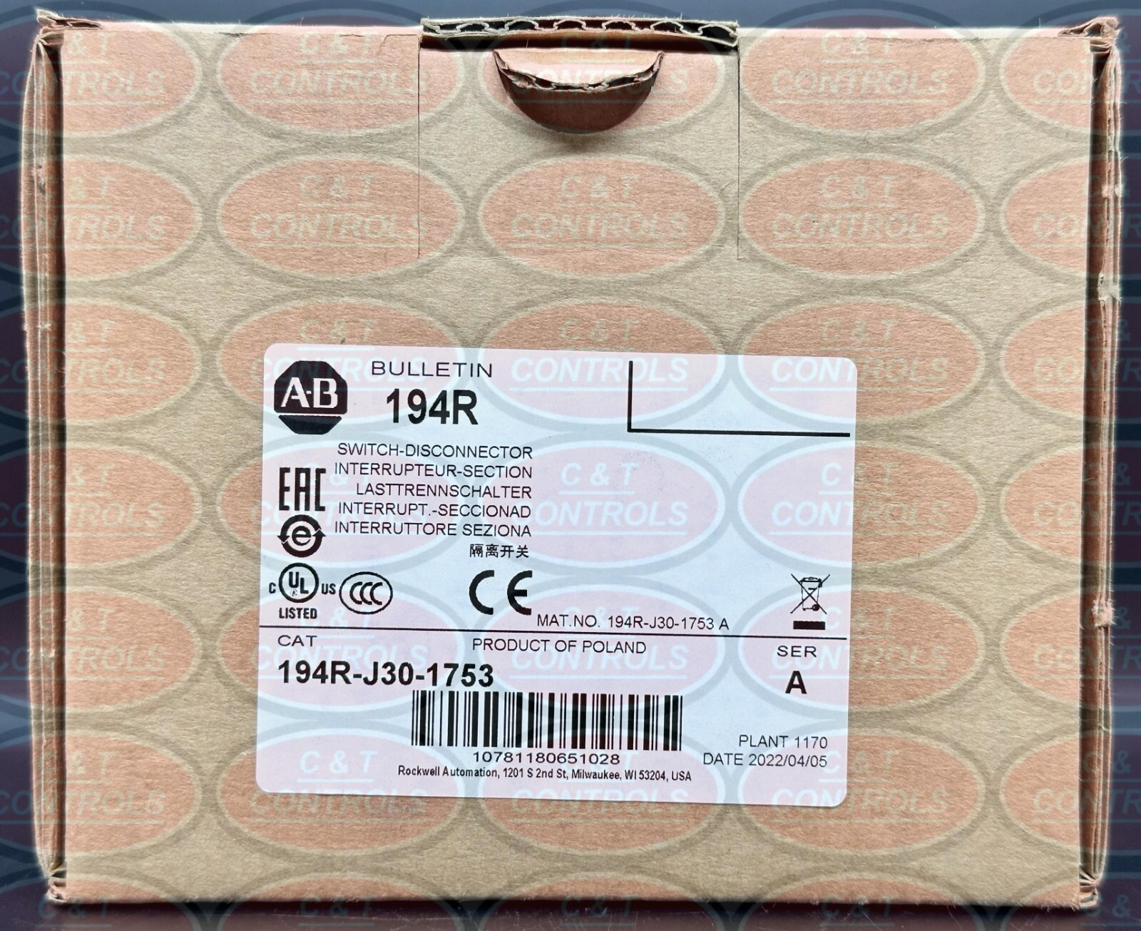 Allen Bradley 194R-J30-1753 30A 3P Disconnect Switch New In Box USA Stock
