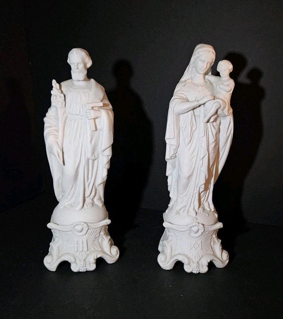 Antique Mauger et Fils French Bisque Porcelain Statues Mary Joseph Pair IHS AM