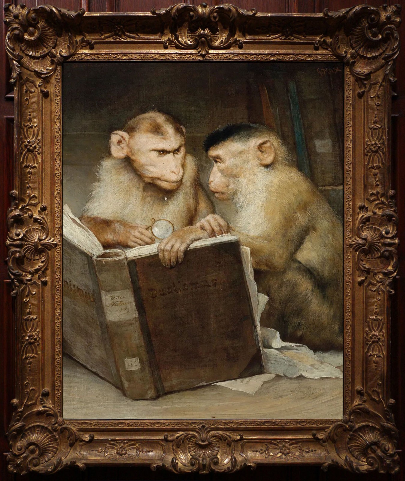 Hand Painted Oil Painting Two Monkeys Reading Antique Book Classical Animal Art