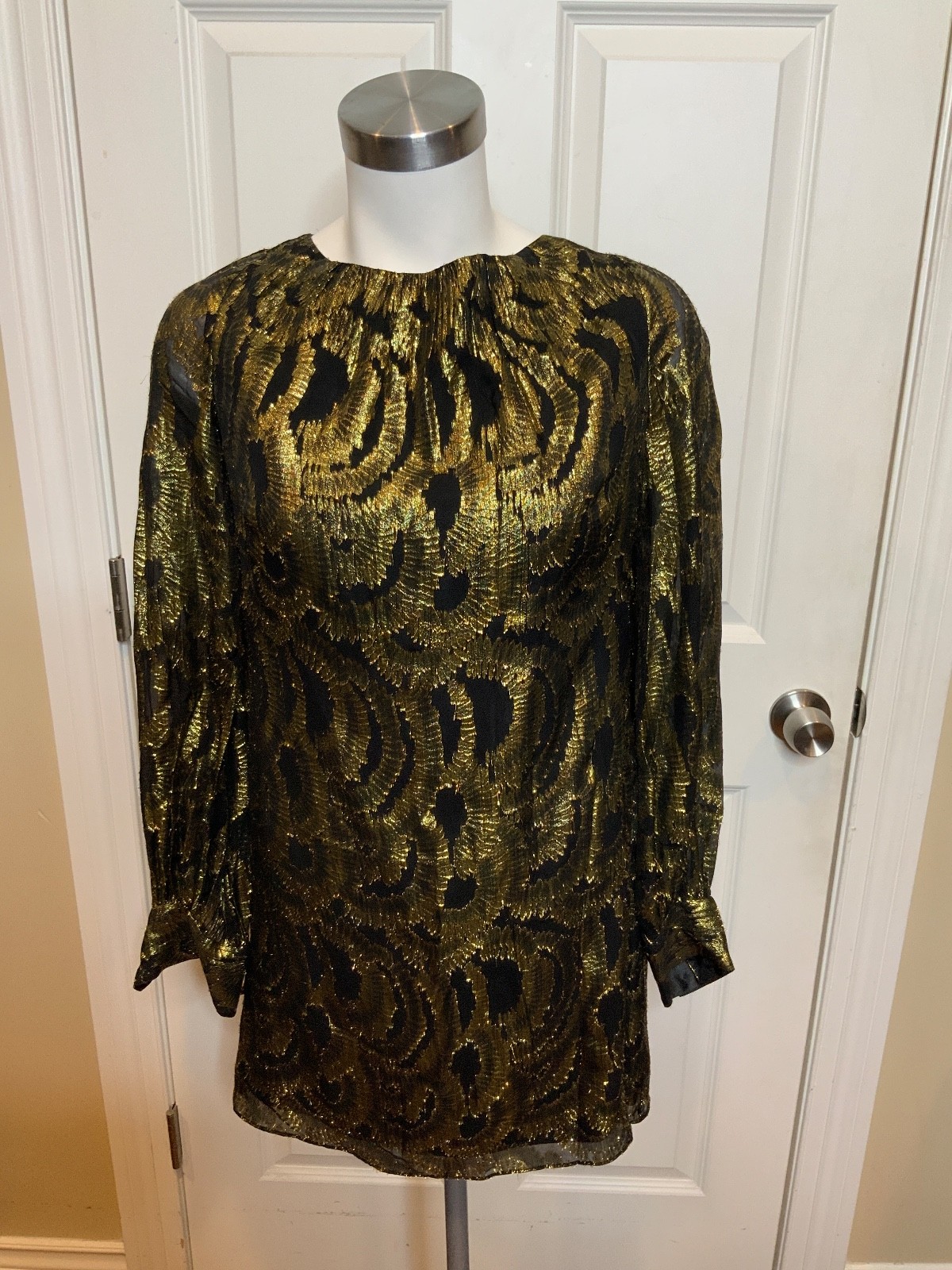 Milly Black Gold Swirl Long Sleeve Tie Back Mini Dress, Size 8