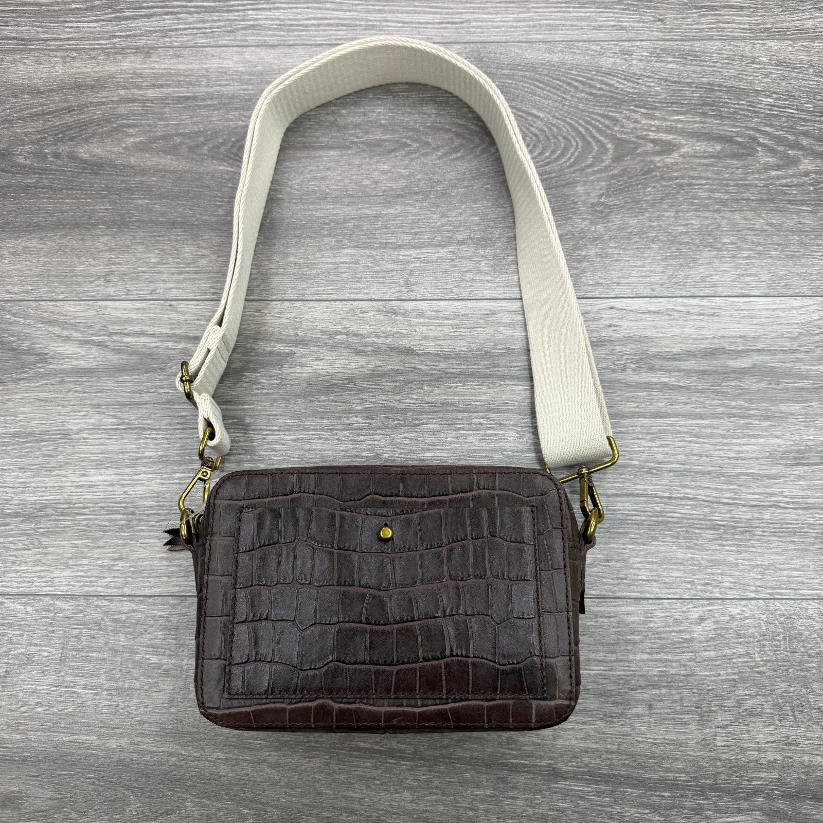 Madewell Transport Camera Bag Croc Embossed Leather Brown Crossbody 2 Straps NWT