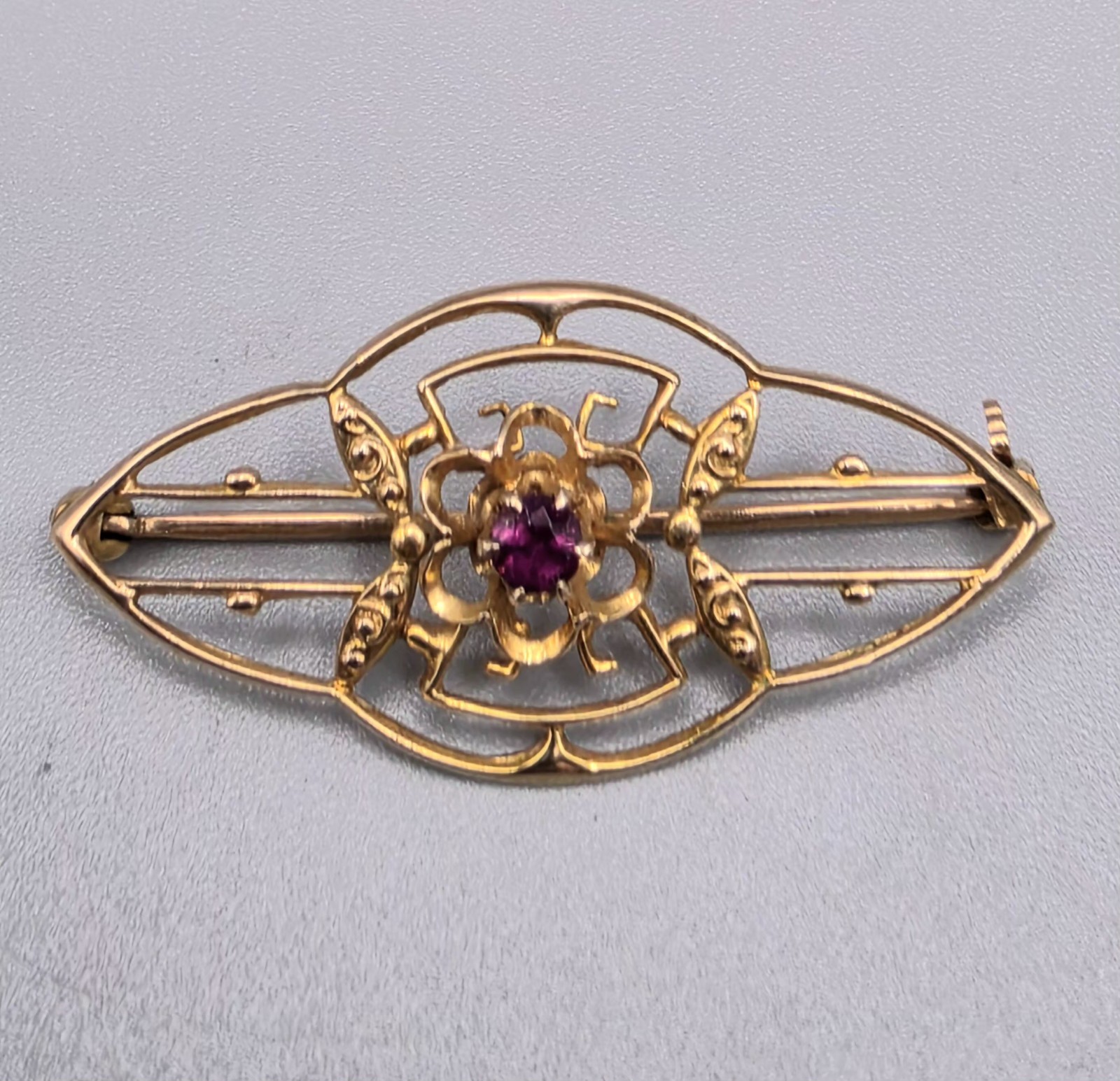 Antique Ostby & Barton Titanic Era 10K Yellow Gold Art Nouveau Ruby Brooch Pin