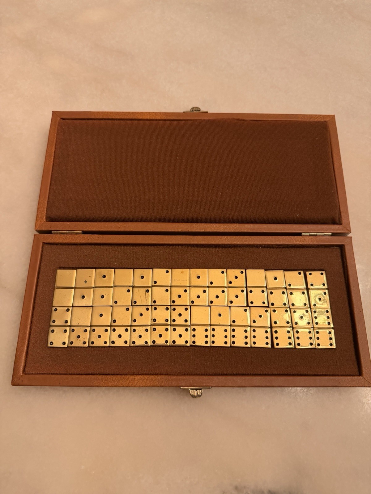 Vintage Mid-Century Solid Brass Double Six Dominoes Set(28) in FauxLeather Case