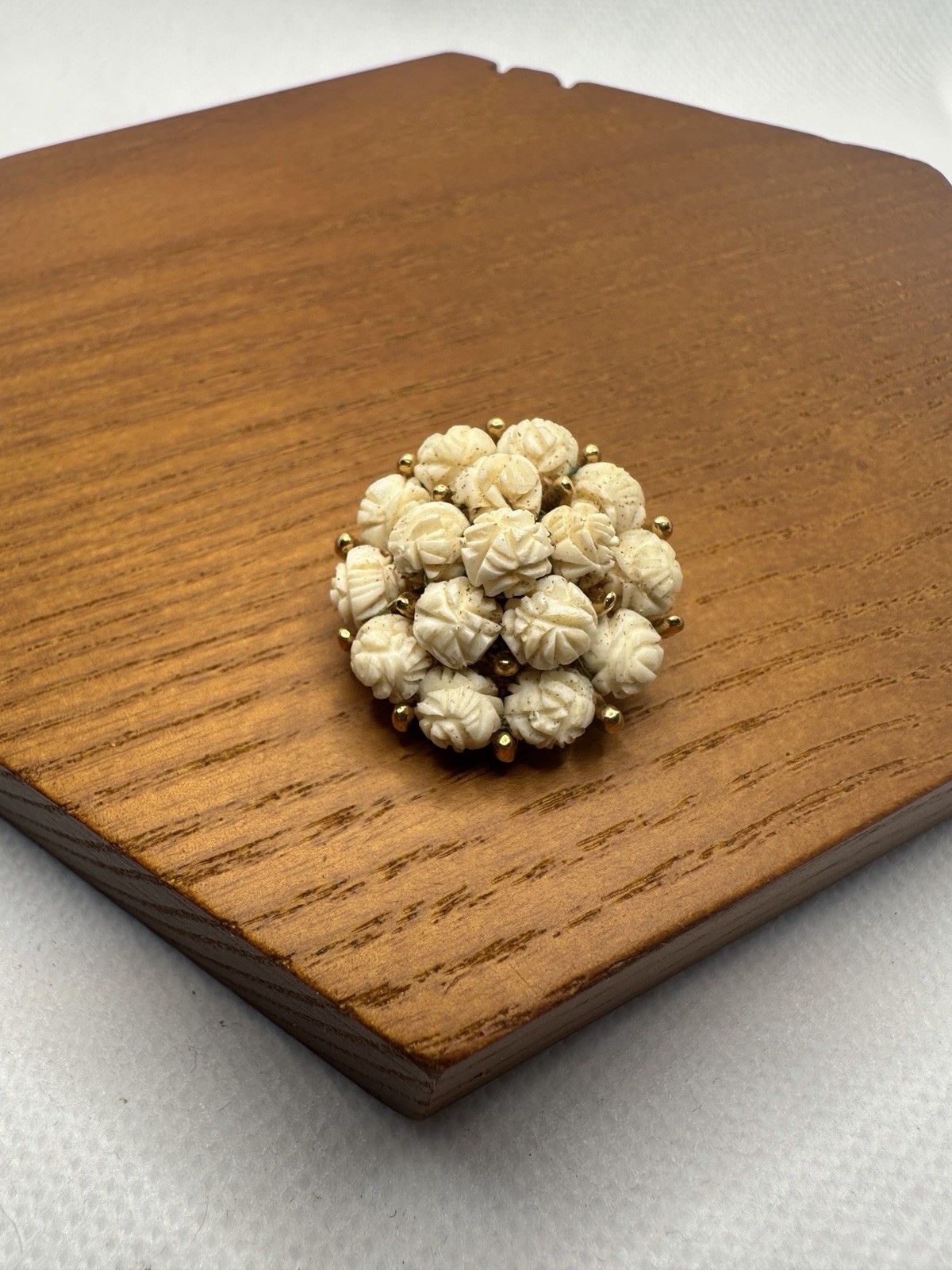 Signed NEWHOUSE Vintage Brooch White Hand Carved Rose Flower Cluster Pin 1950s
