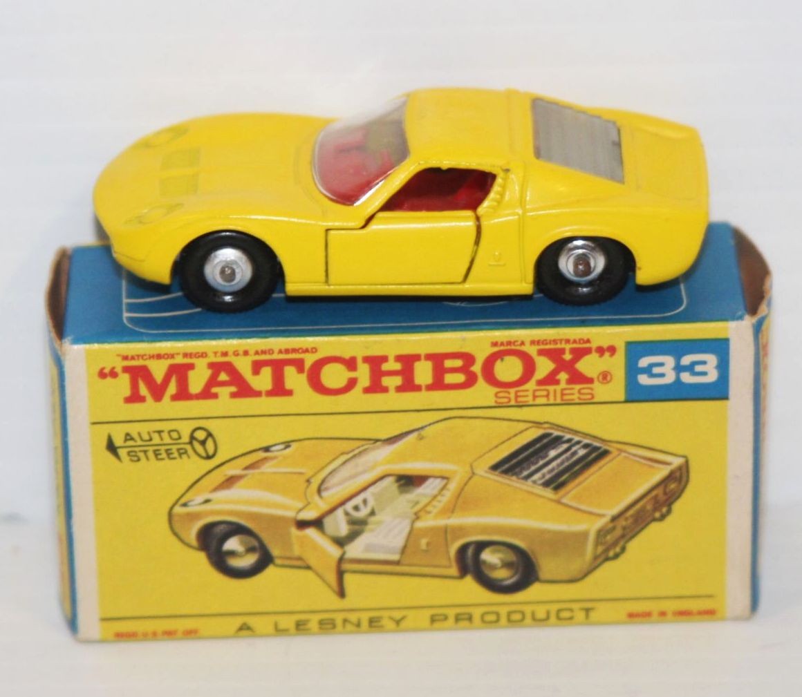 Vintage 1969 Lesney Matchbox #33 - Lamborghini Miura P 400 w/Original Box Yellow