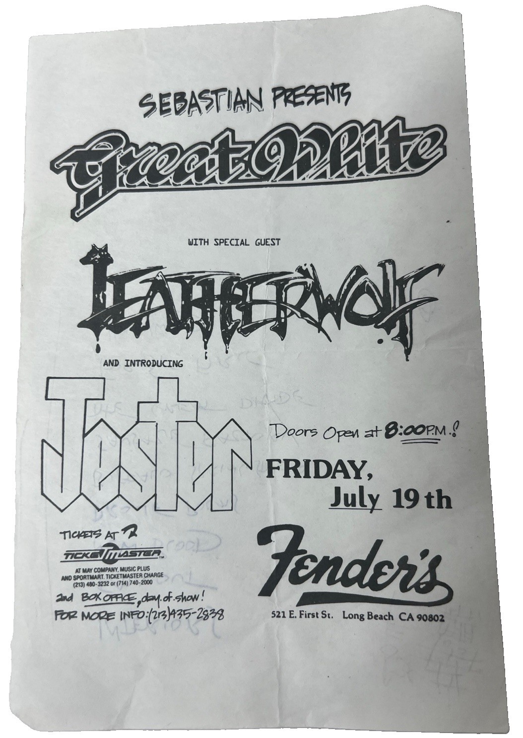 Vintage Great White Leatherwolf Jester Fenders Long Beach Metal Concert Flyer