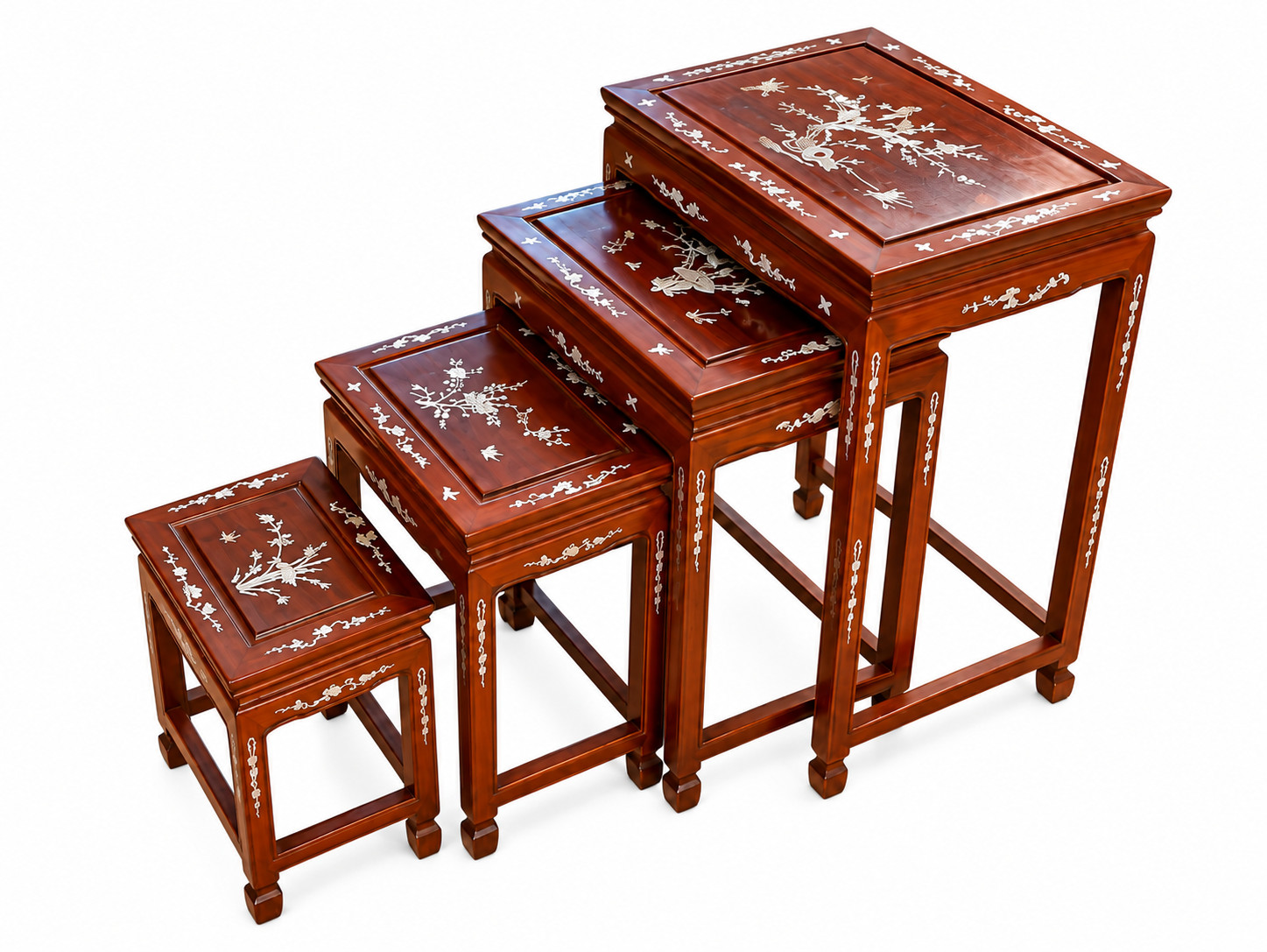 Chinese Ming Style Mother of Pearl Inlaid Wood Nesting Tables Set of 4